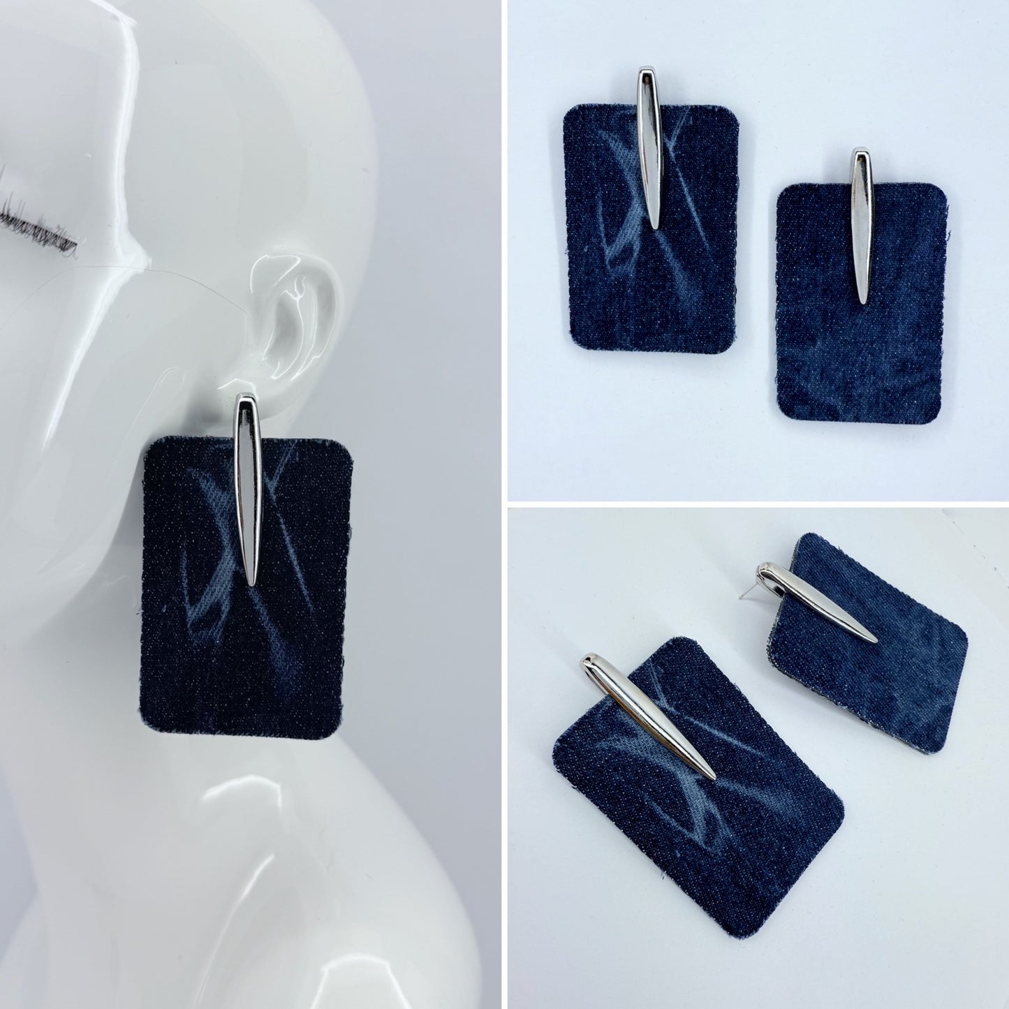 Rectangle Blue Denim Post Back Earrings