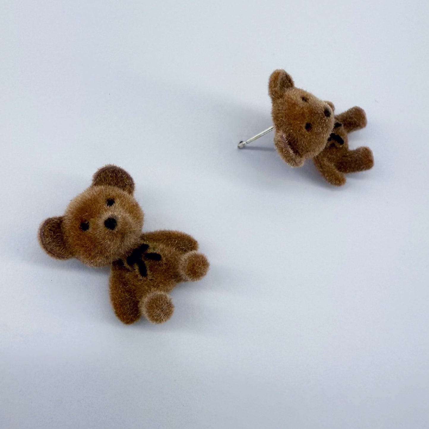 Velveteen Fluffy Teddy Bears Silver Finish Stud Earrings