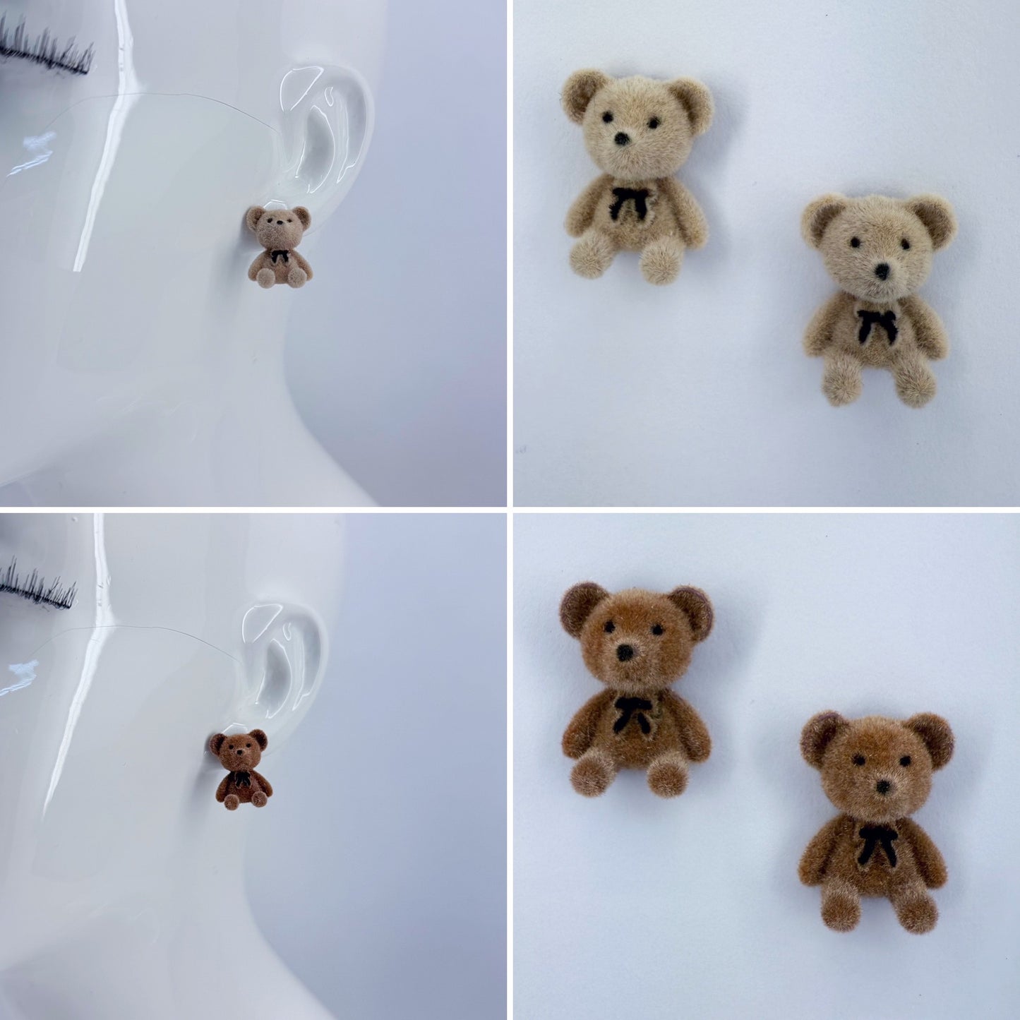 Velveteen Fluffy Teddy Bears Silver Finish Stud Earrings