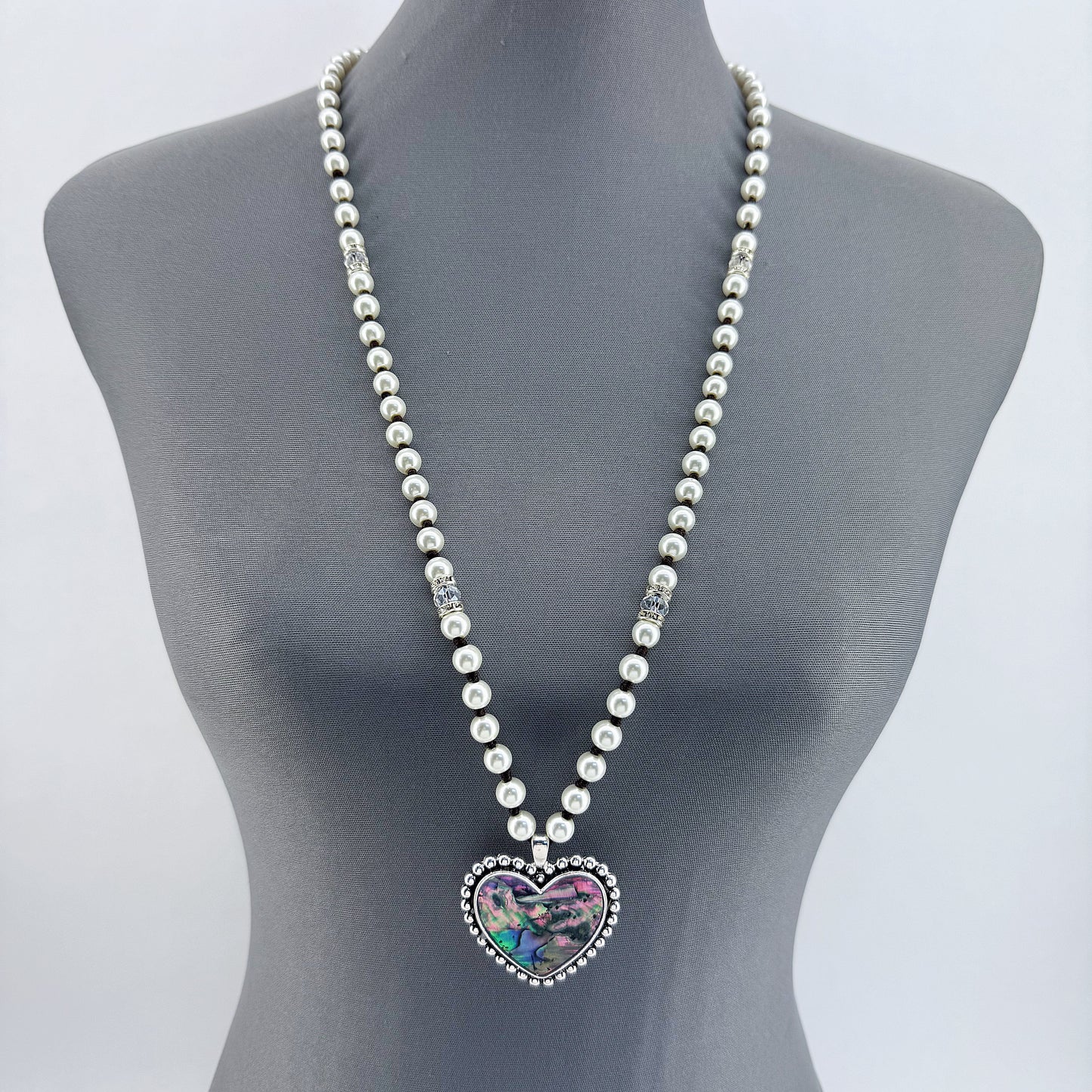 Long Pearls Necklace With Abalone Garden Heart Pendant