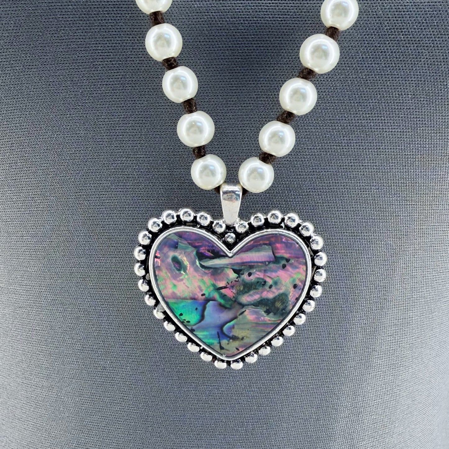 Long Pearls Necklace With Abalone Garden Heart Pendant