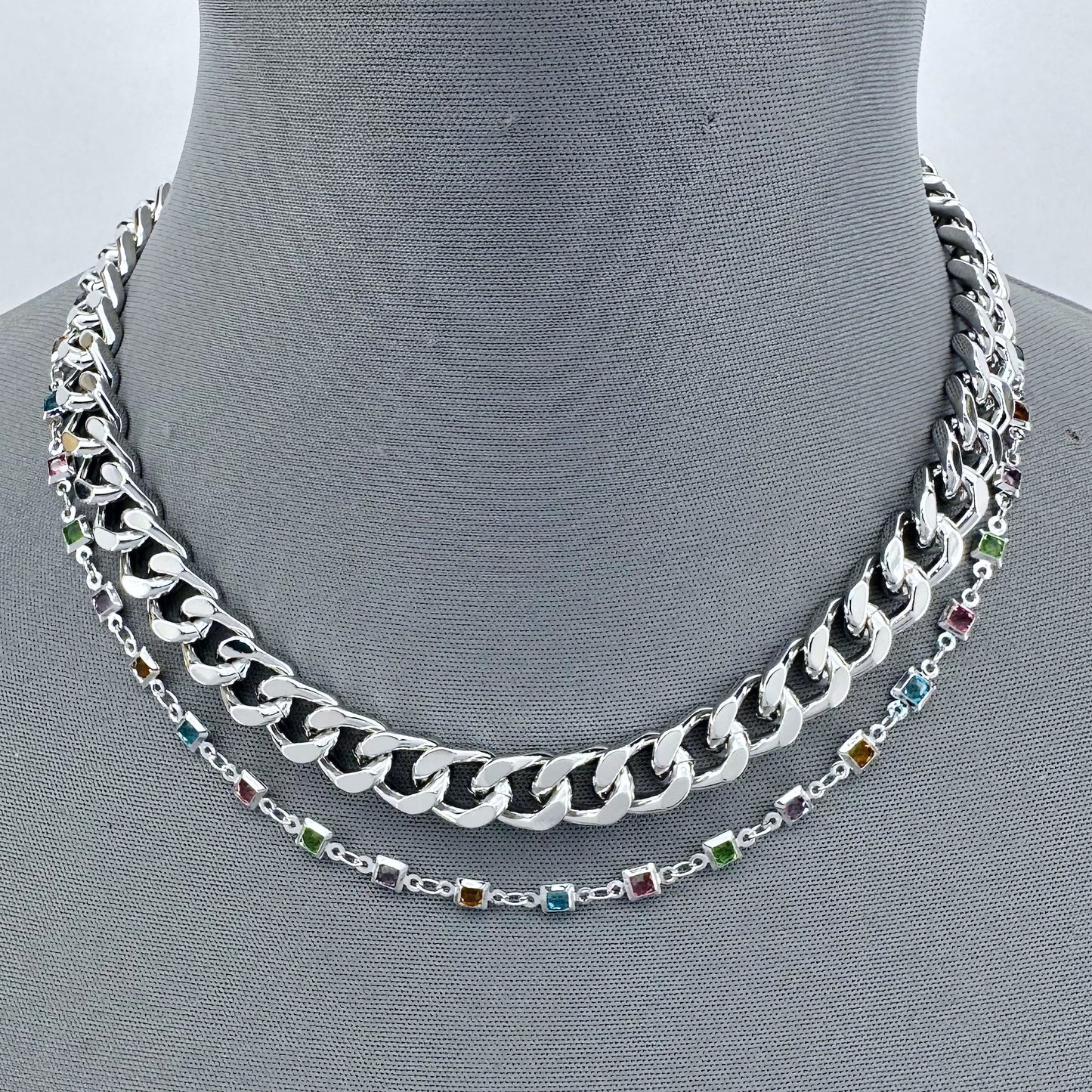 Double Layered Cuban Link Chain Necklace Multicolor Stones