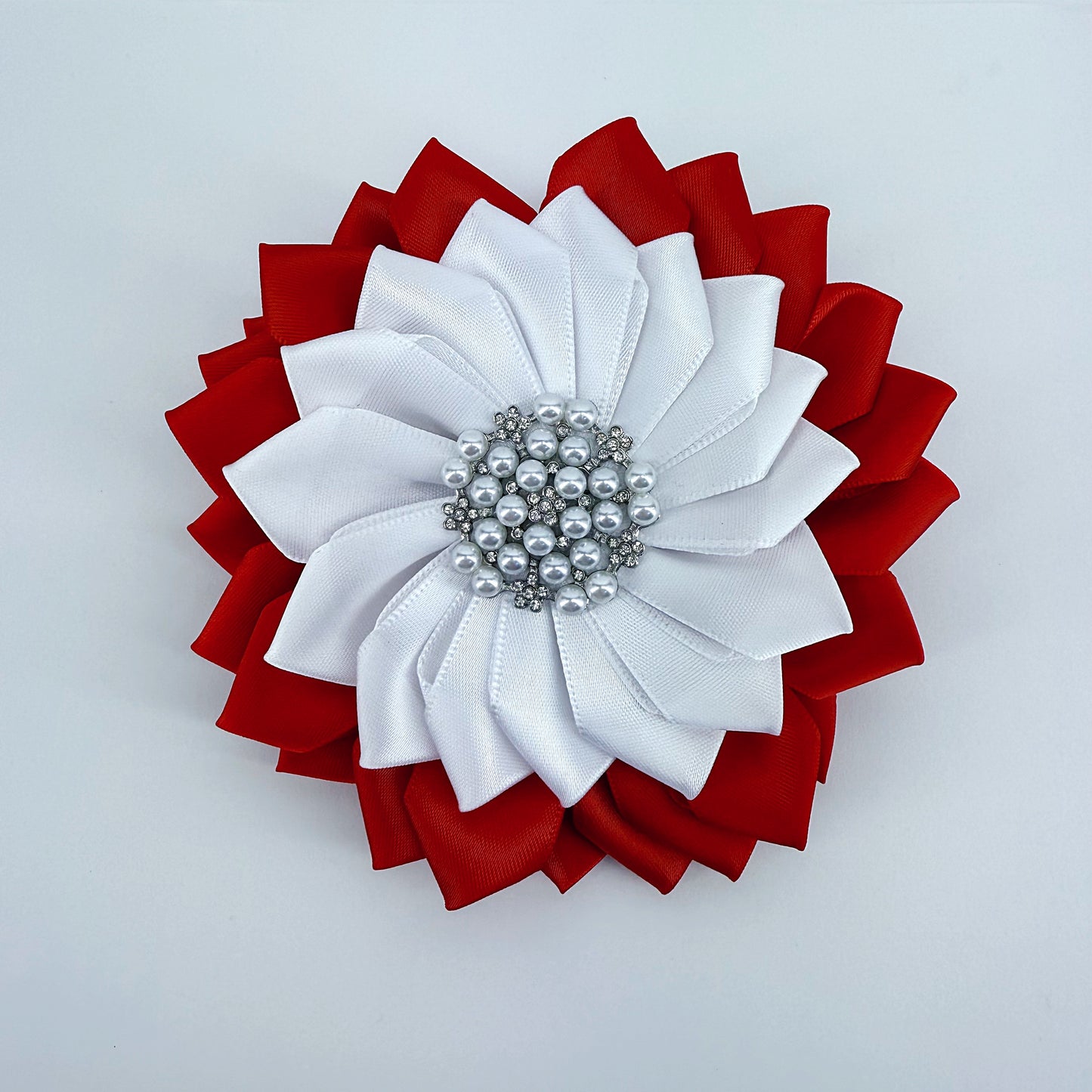 Large Red And White Ribbon Flower With Pearls And Rhinestone Brooch
