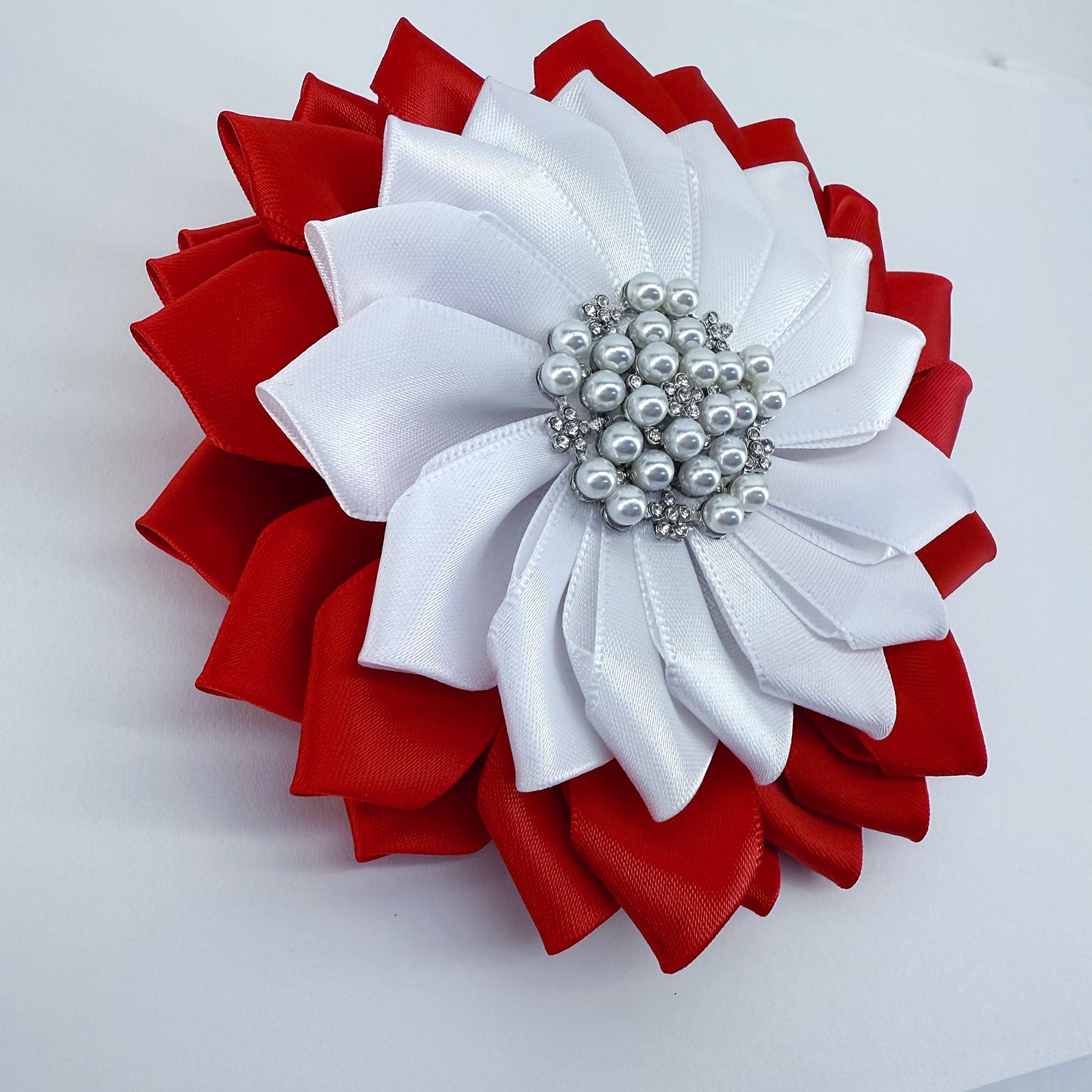 Large Red And White Ribbon Flower With Pearls And Rhinestone Brooch