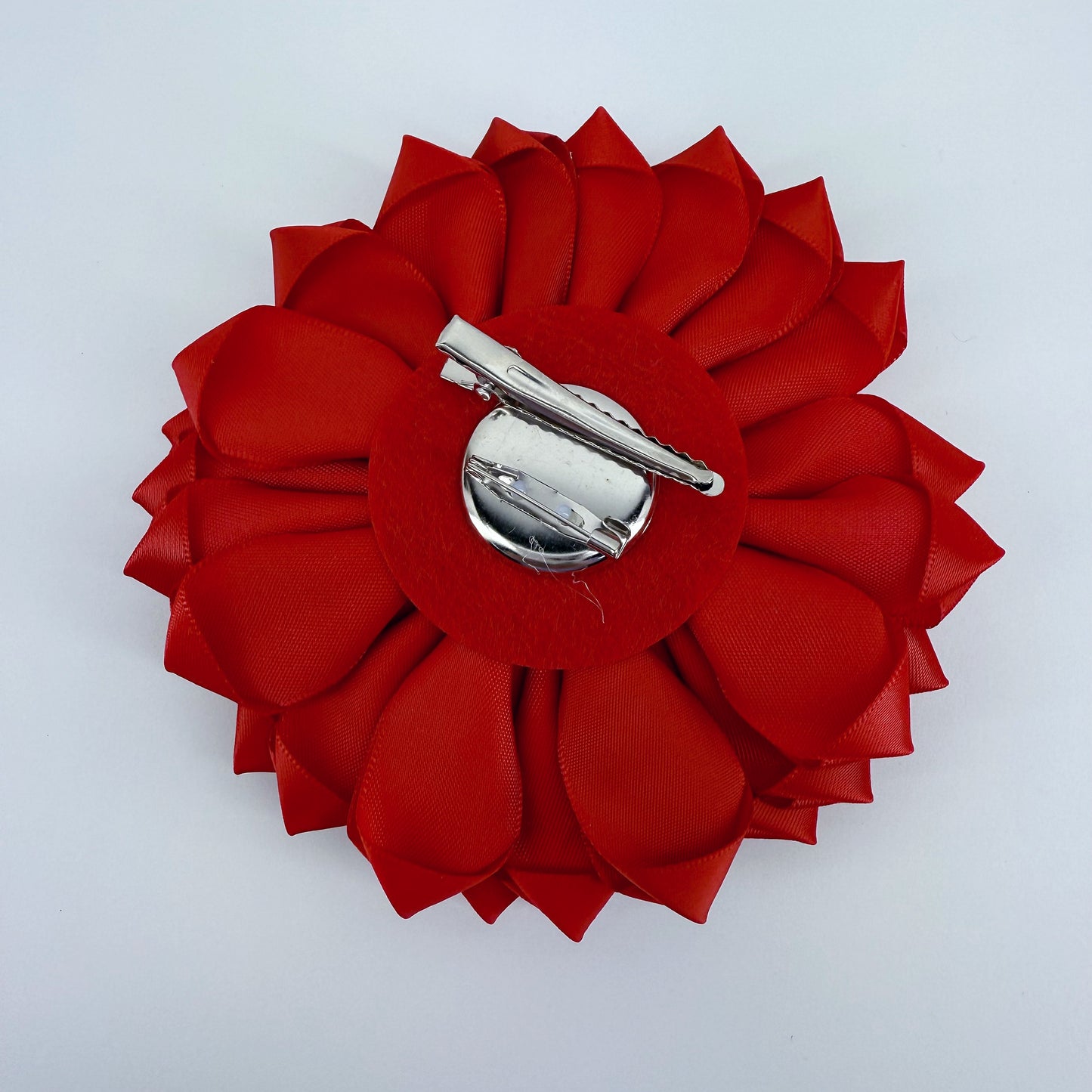 Large Red And White Ribbon Flower With Pearls And Rhinestone Brooch