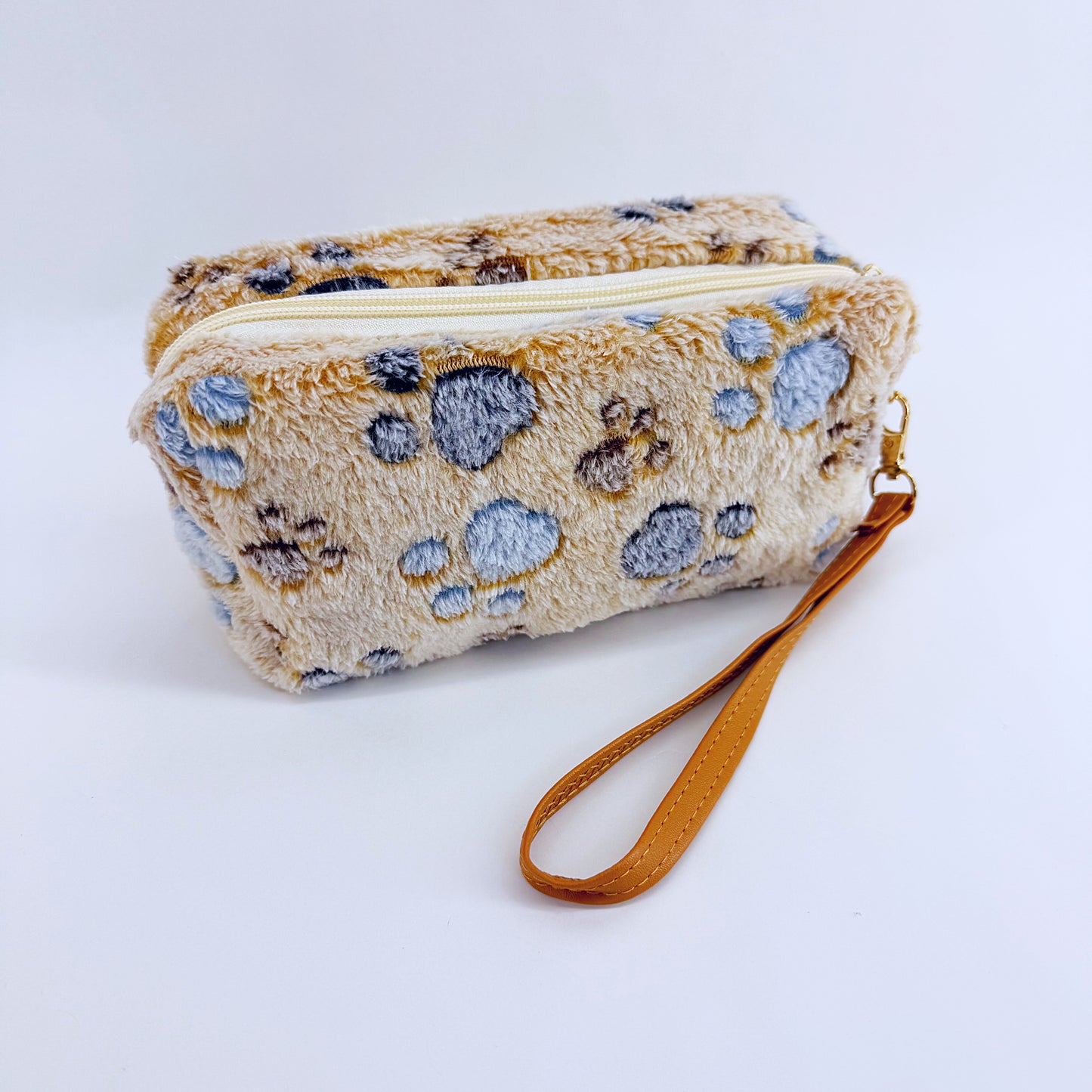 Faux Fur Zipper Cosmetic Pouch Paw Print Wristlet