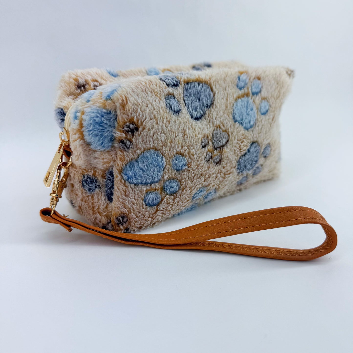 Faux Fur Zipper Cosmetic Pouch Paw Print Wristlet