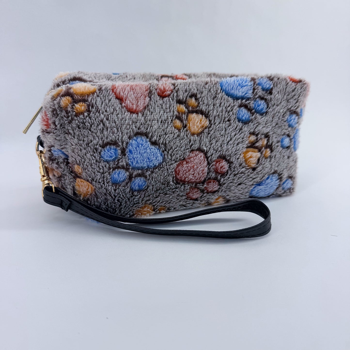 Faux Fur Zipper Cosmetic Pouch Paw Print Wristlet