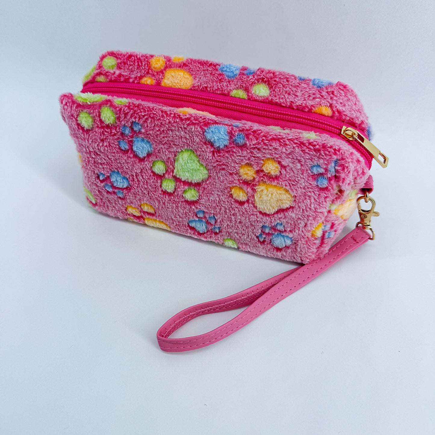 Faux Fur Zipper Cosmetic Pouch Paw Print Wristlet