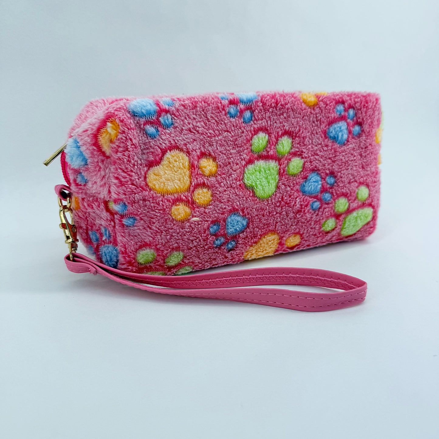 Faux Fur Zipper Cosmetic Pouch Paw Print Wristlet