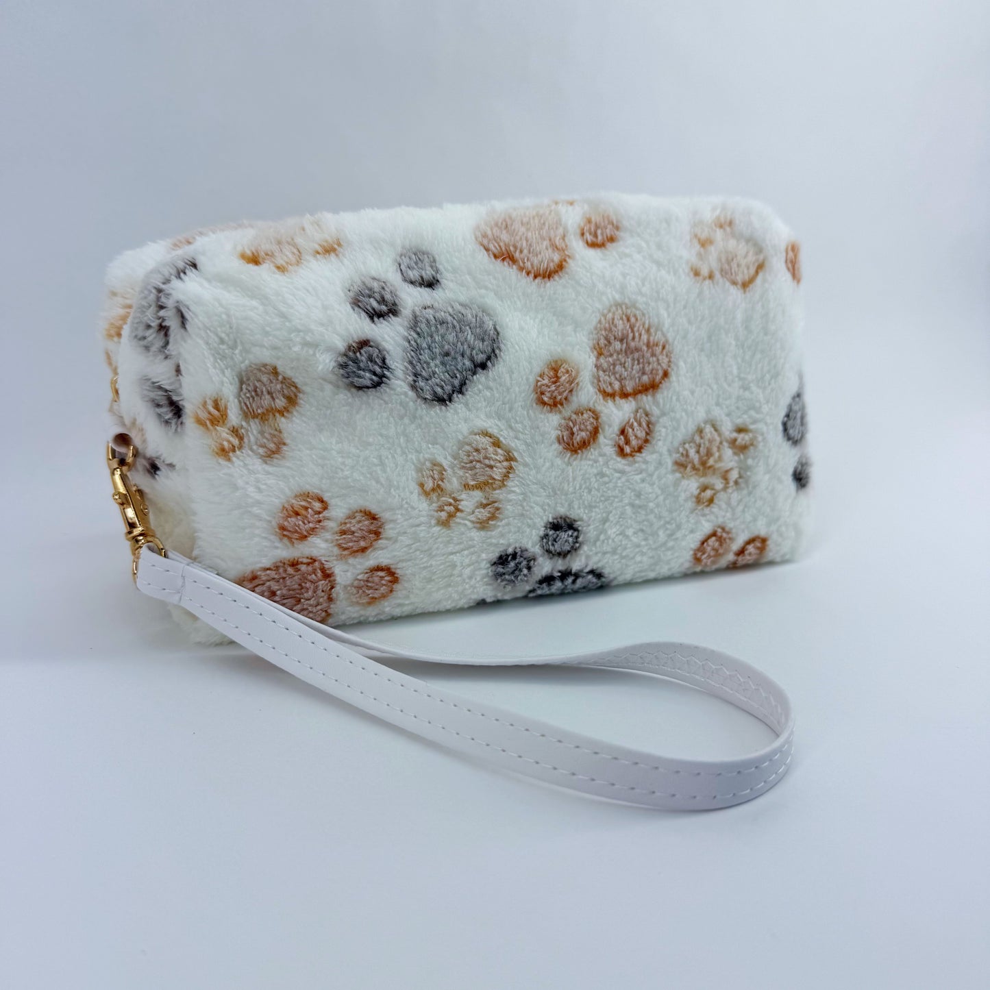 Faux Fur Zipper Cosmetic Pouch Paw Print Wristlet