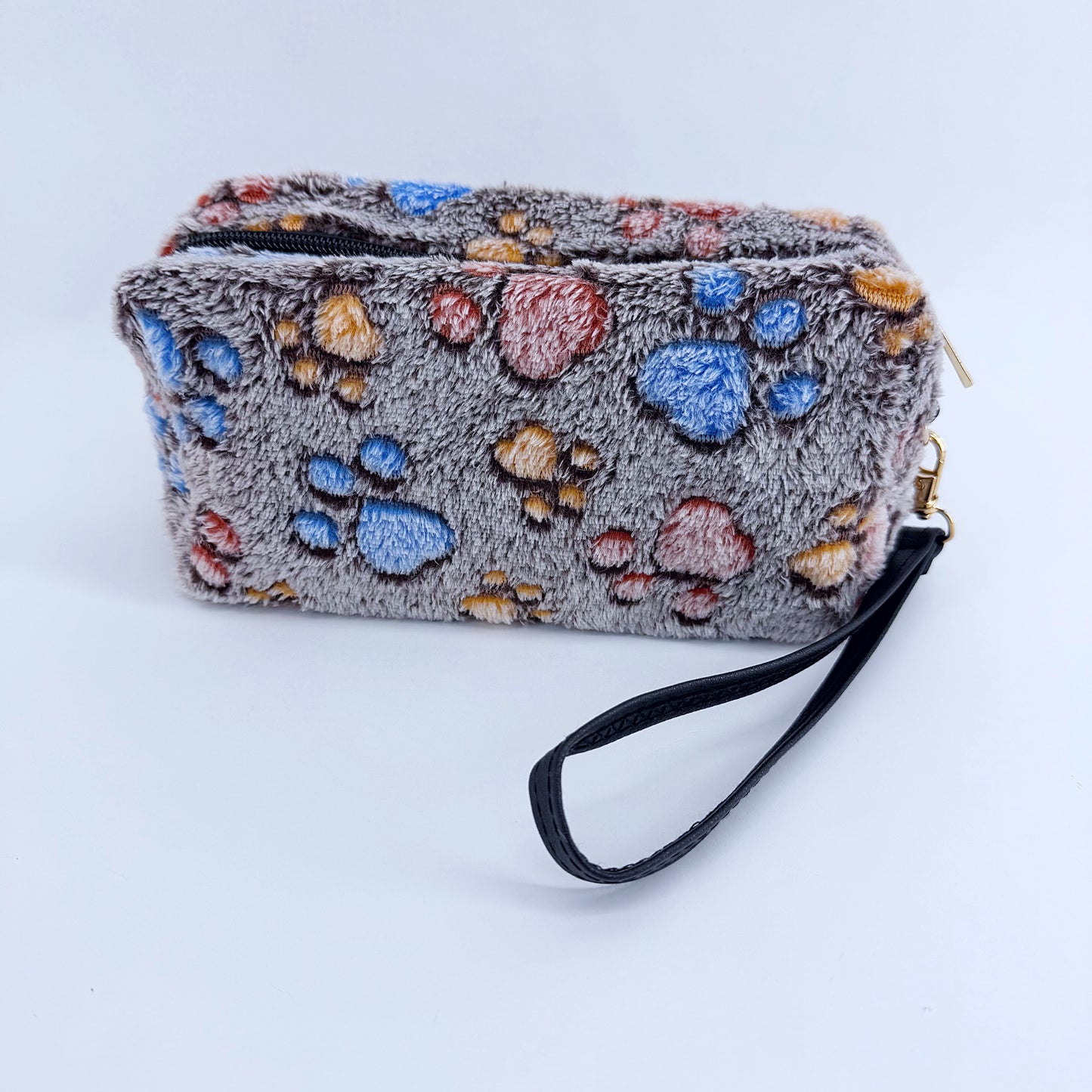 Faux Fur Zipper Cosmetic Pouch Paw Print Wristlet