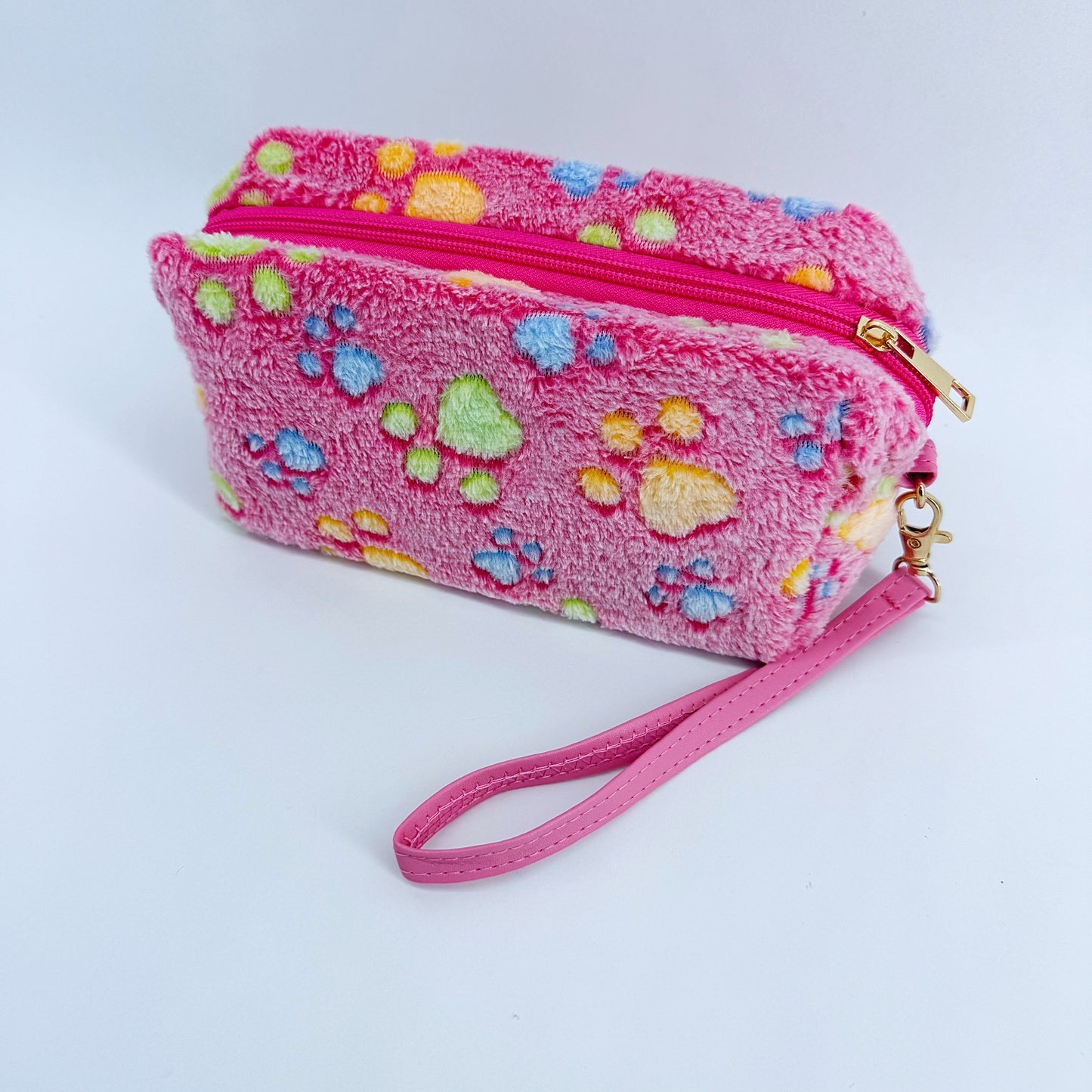 Faux Fur Zipper Cosmetic Pouch Paw Print Wristlet