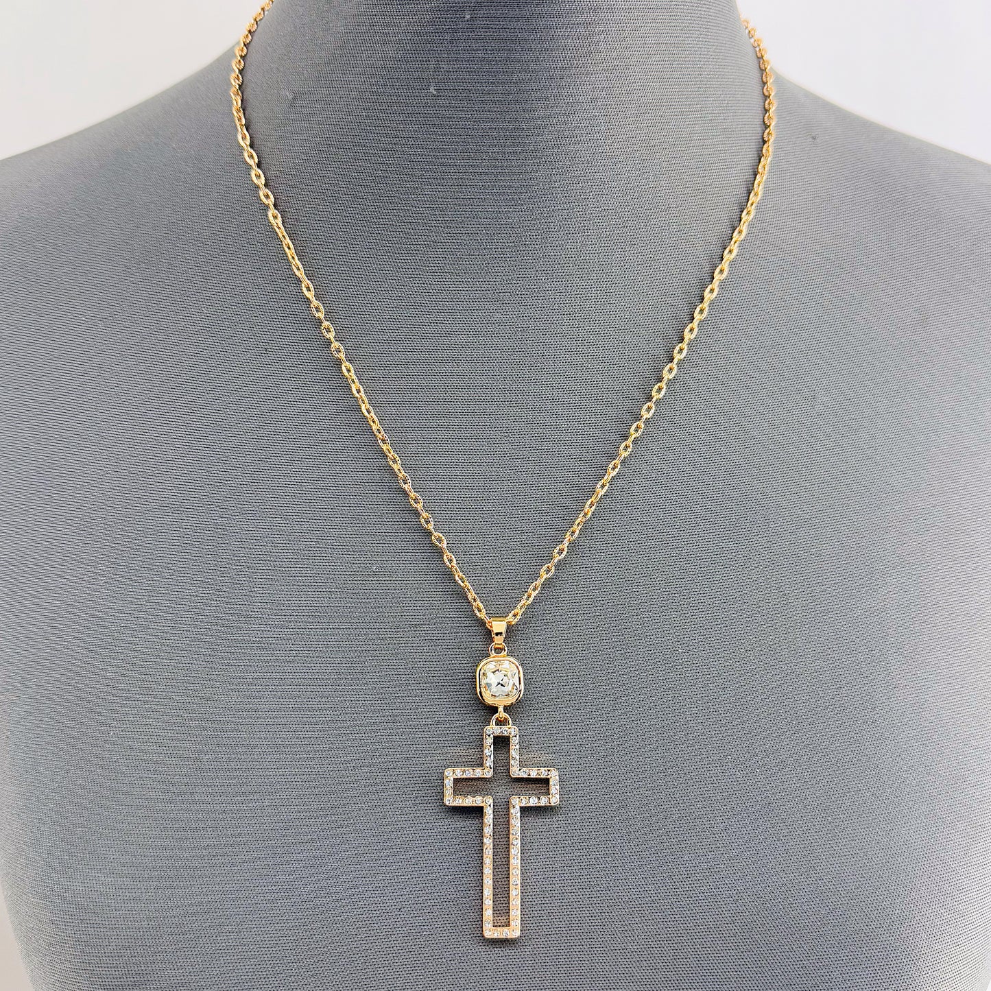 Gold or Silver Finish Necklace With Cut Out Cross Pendant And Clear Rhinestones