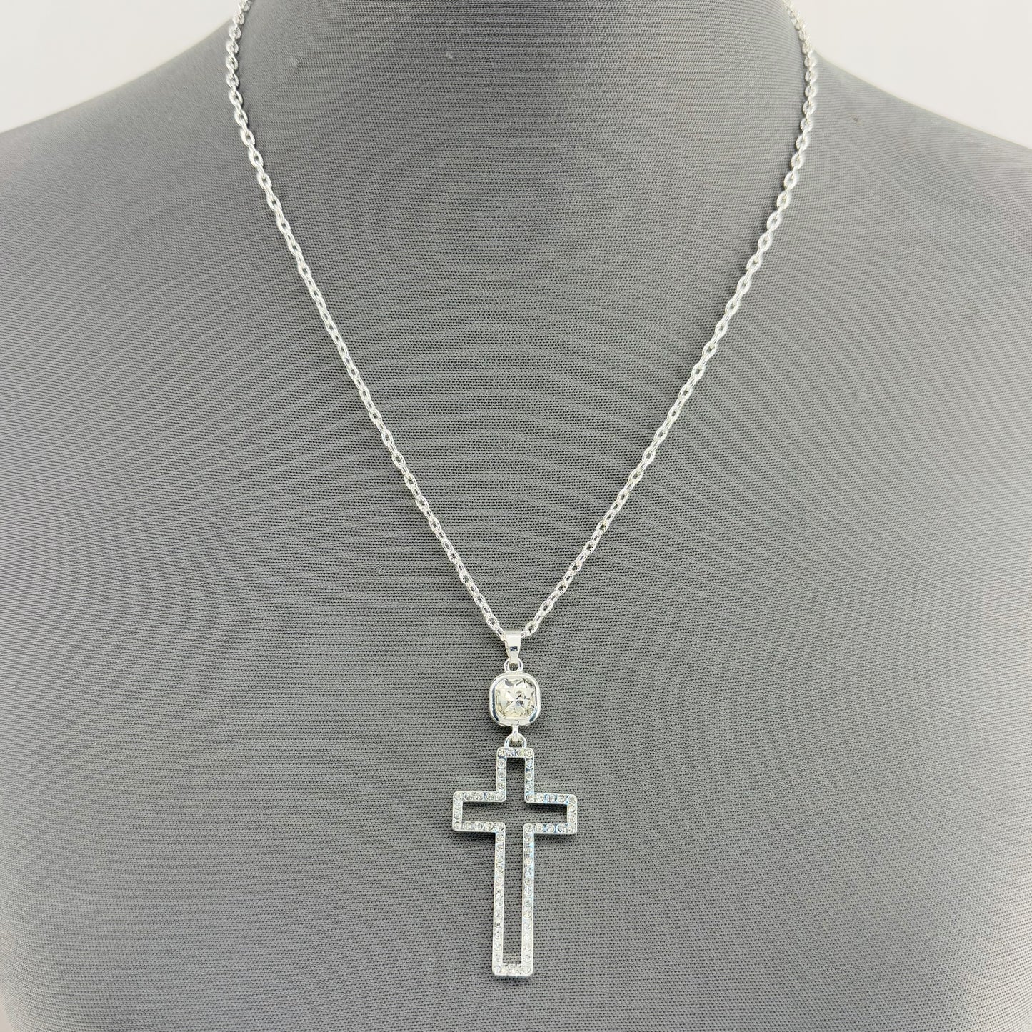 Gold or Silver Finish Necklace With Cut Out Cross Pendant And Clear Rhinestones