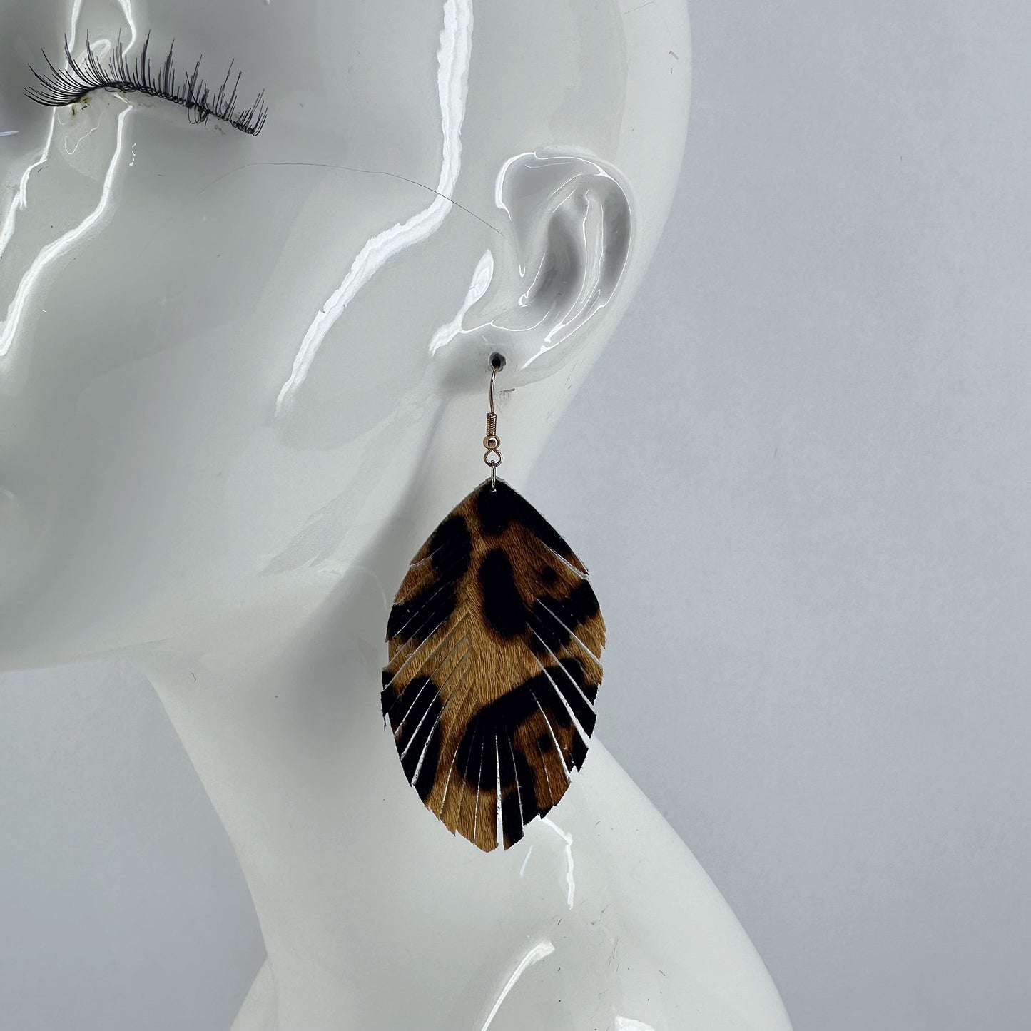 Fish Hook Gold Finish Earrings With Leaf-style Leatherette Leopard Print Dangle