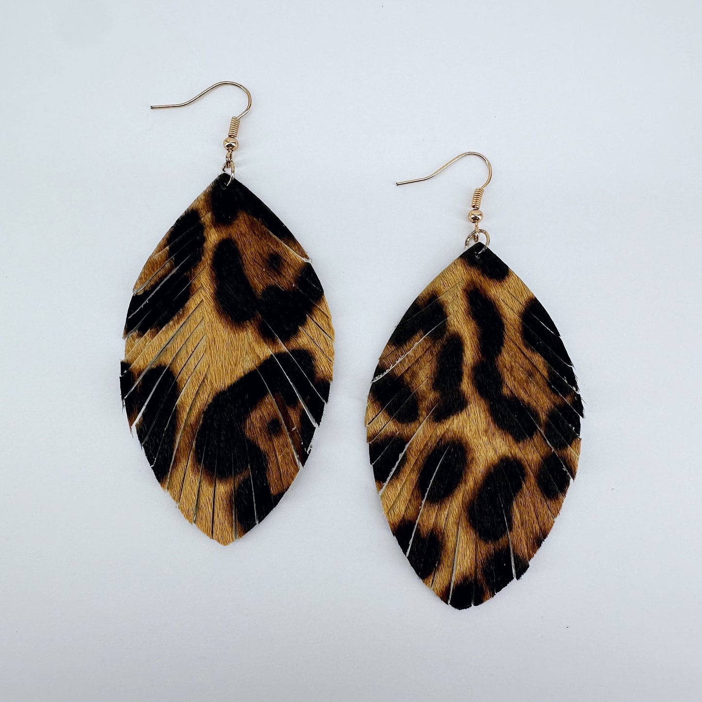 Fish Hook Gold Finish Earrings With Leaf-style Leatherette Leopard Print Dangle