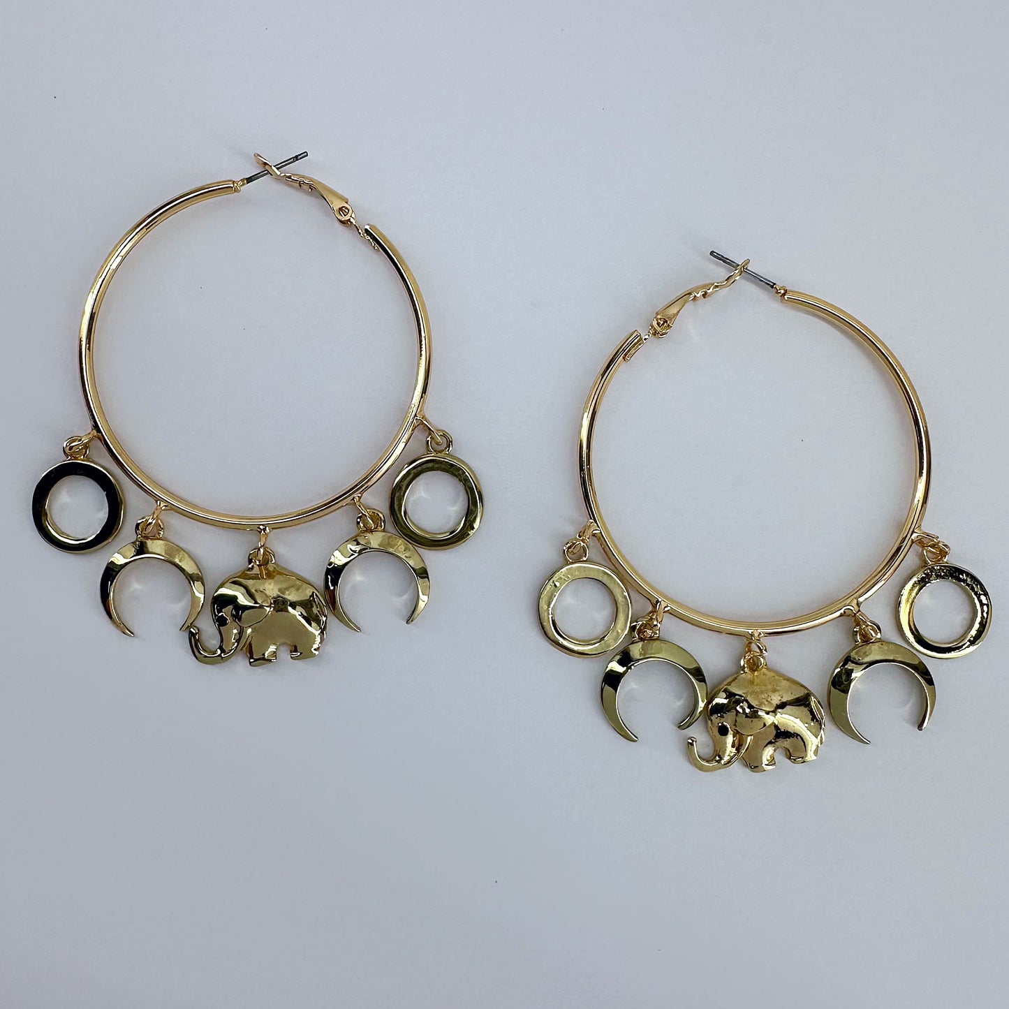 Gold Finish Hoop Earring With Circle, Moon, And Elephant Dangles