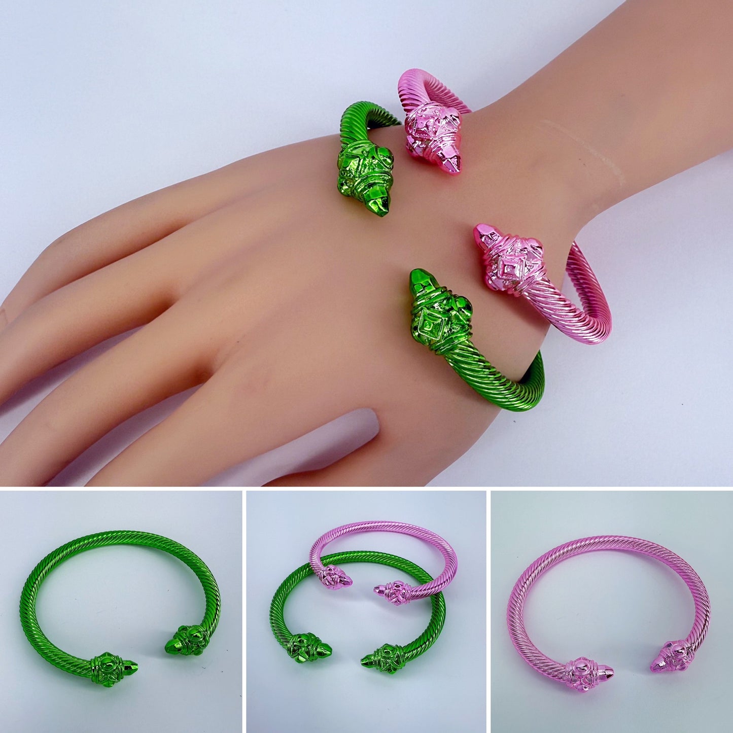 Set of 2 Pink and Green Cable Style Bracelet