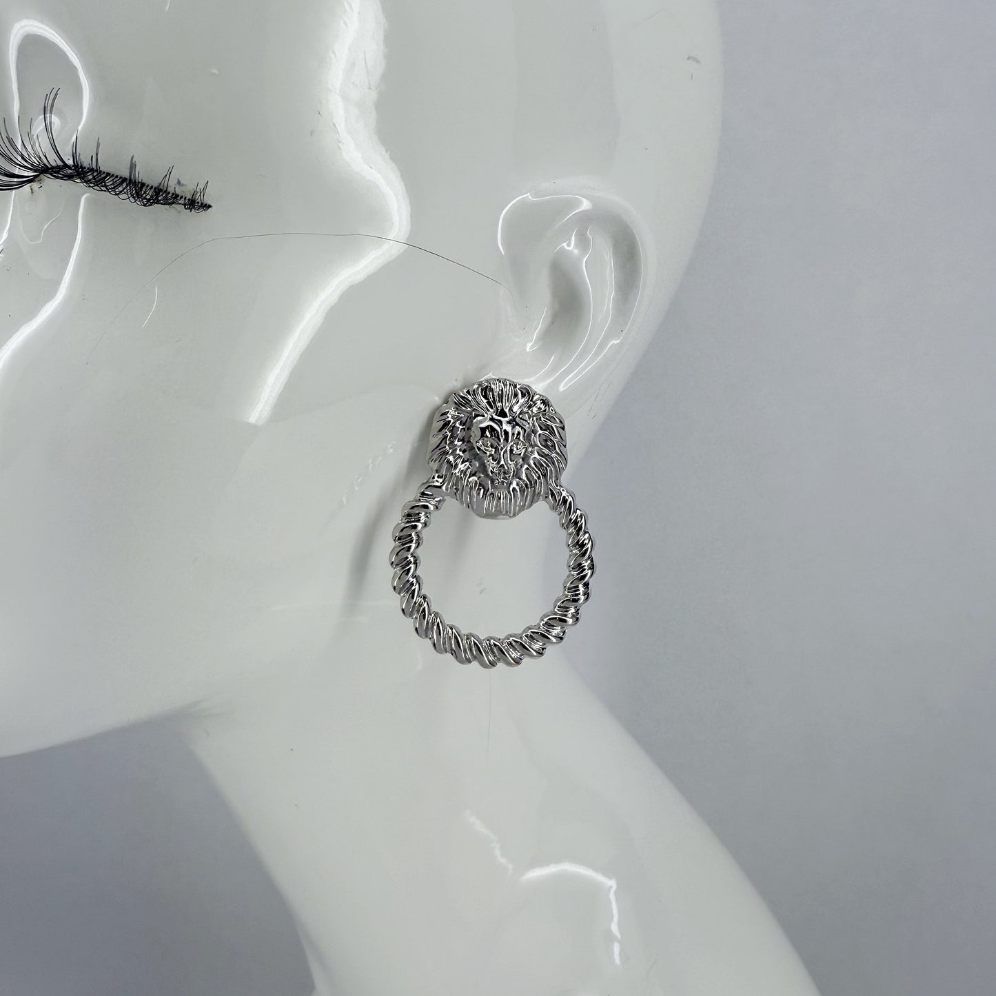 Silver Lion Head Post Back Door Knob Design Earrings