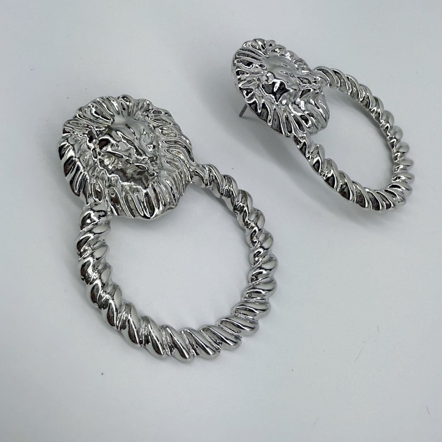 Silver Lion Head Post Back Door Knob Design Earrings