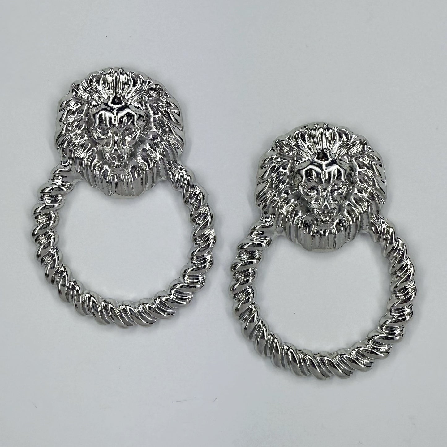 Silver Lion Head Post Back Door Knob Design Earrings