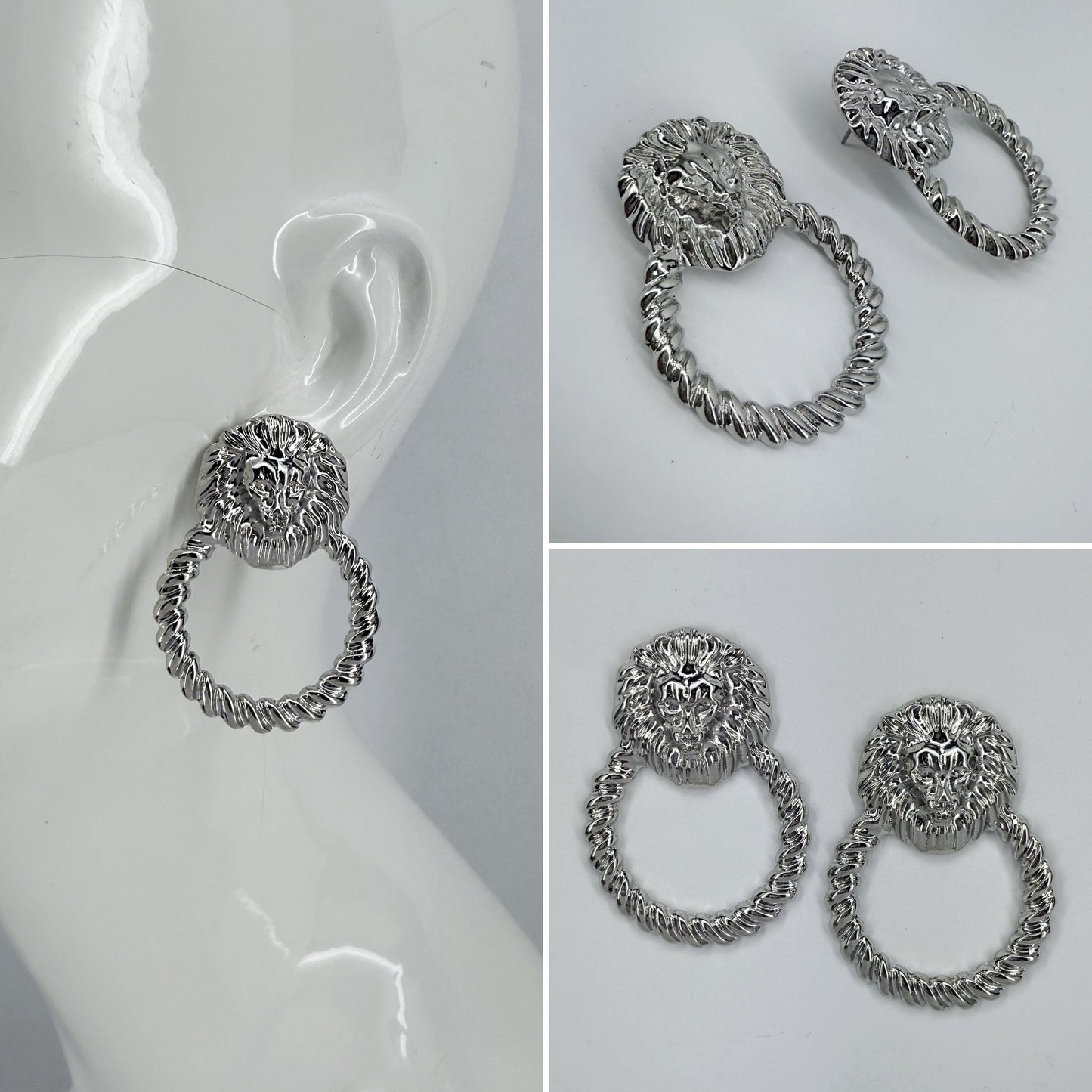 Silver Lion Head Post Back Door Knob Design Earrings