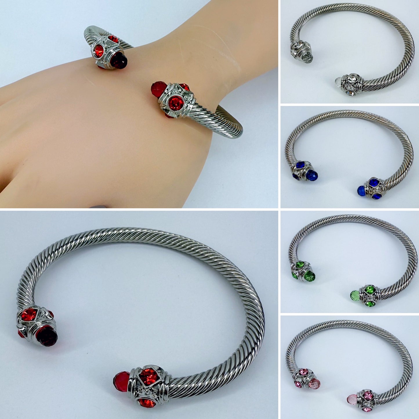 Adjustable Silver Cable Bracelet with Stones