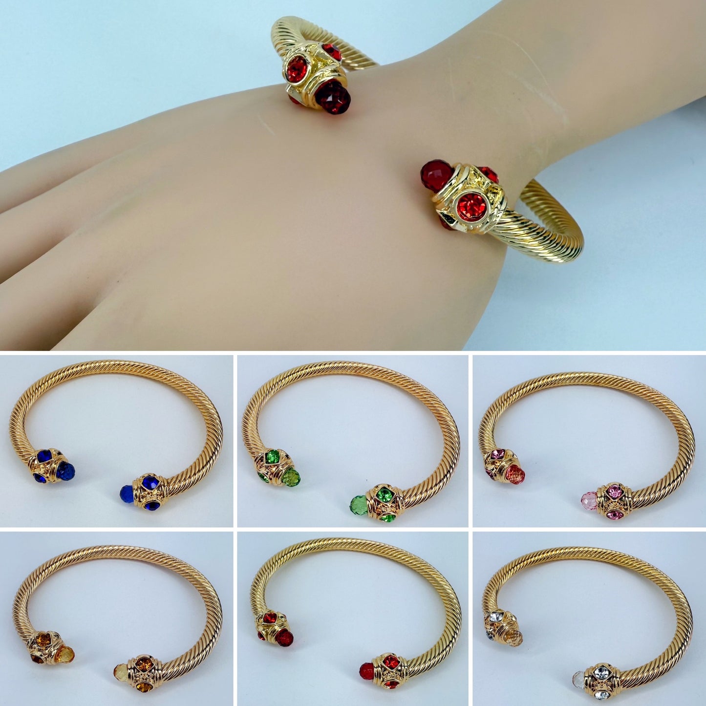 Adjustable Gold Finish Cable Bracelet With Stones