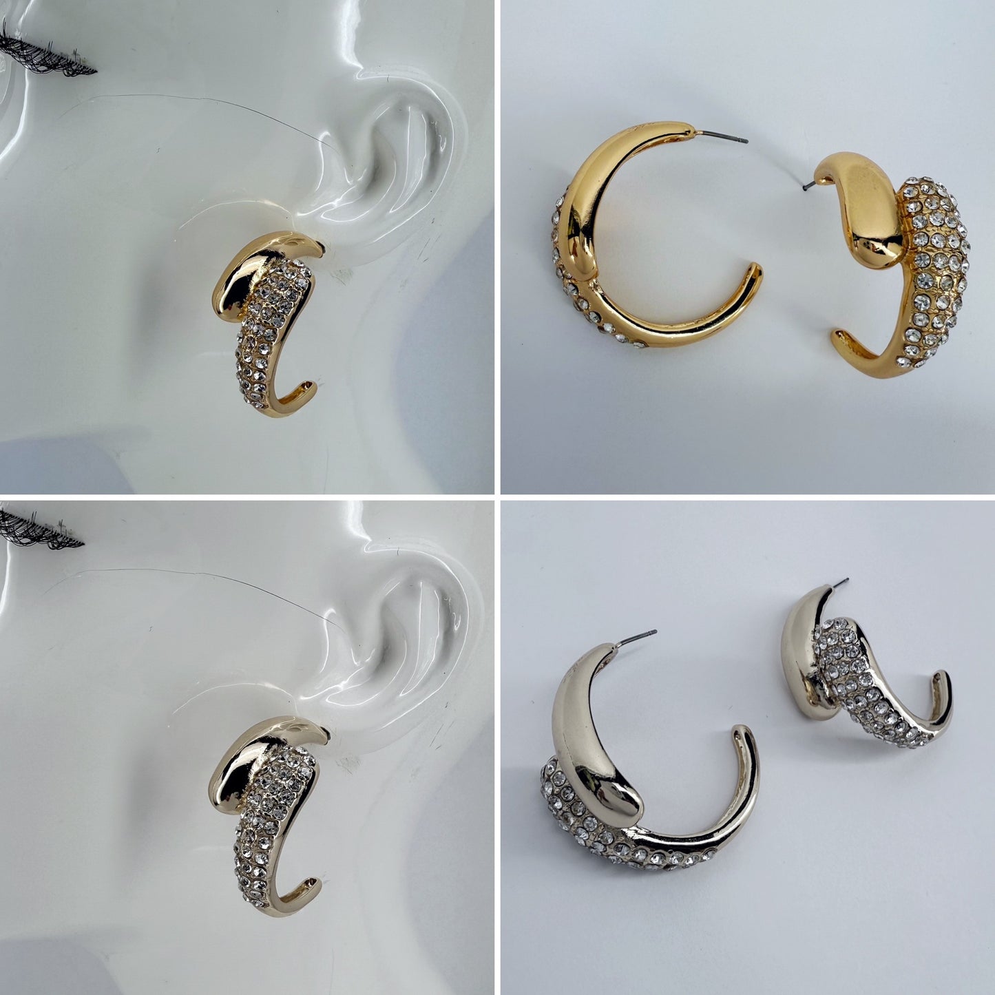 Unique Hoop Design Earrings With Rhinestone In Gold Or Silver Finish