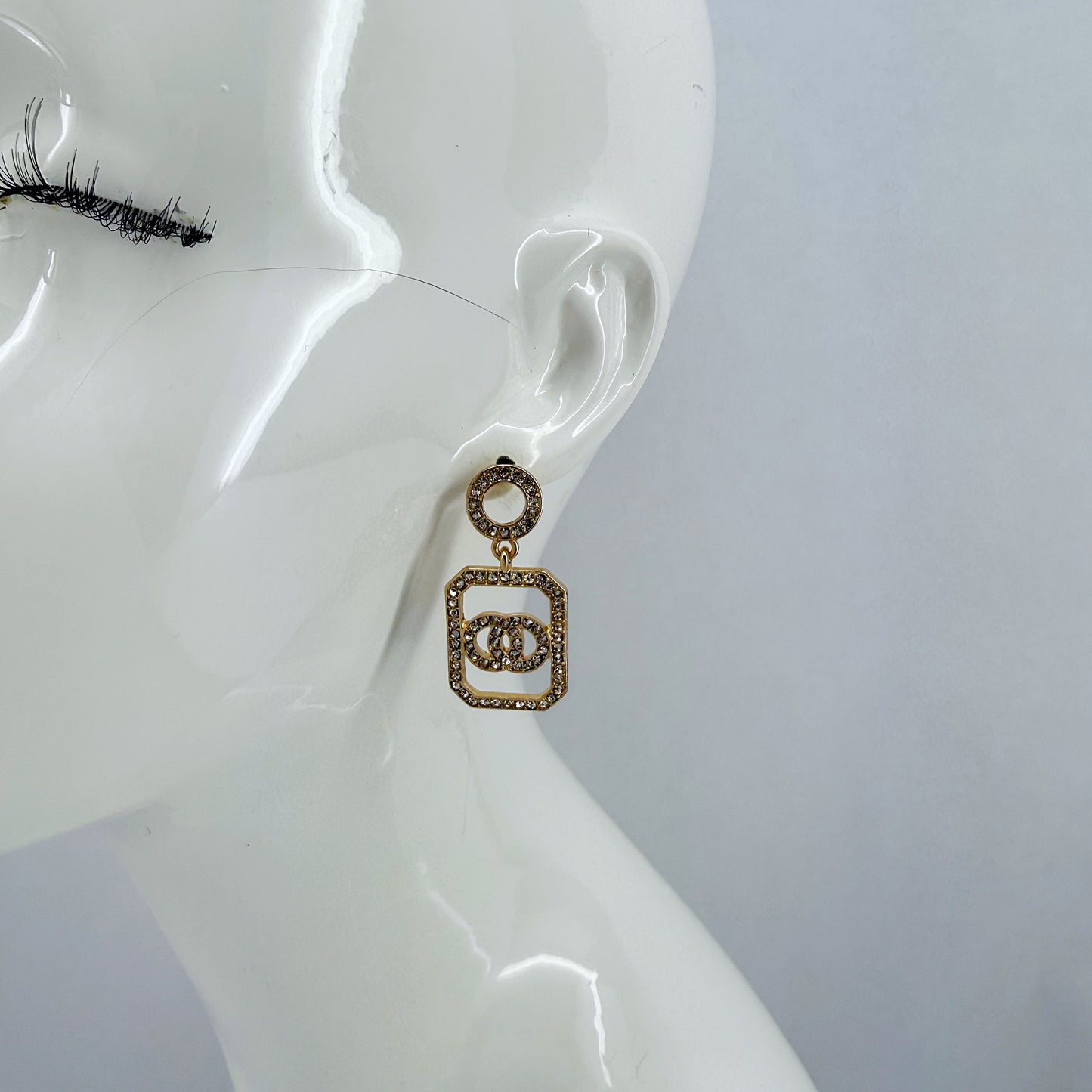 Gold Finish Earrings Double Circle Drop Dangle Rhinestone Earrings