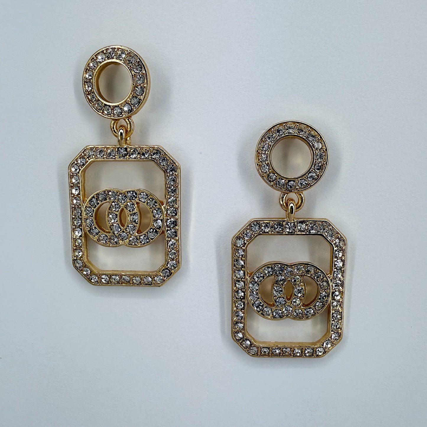 Gold Finish Earrings Double Circle Drop Dangle Rhinestone Earrings