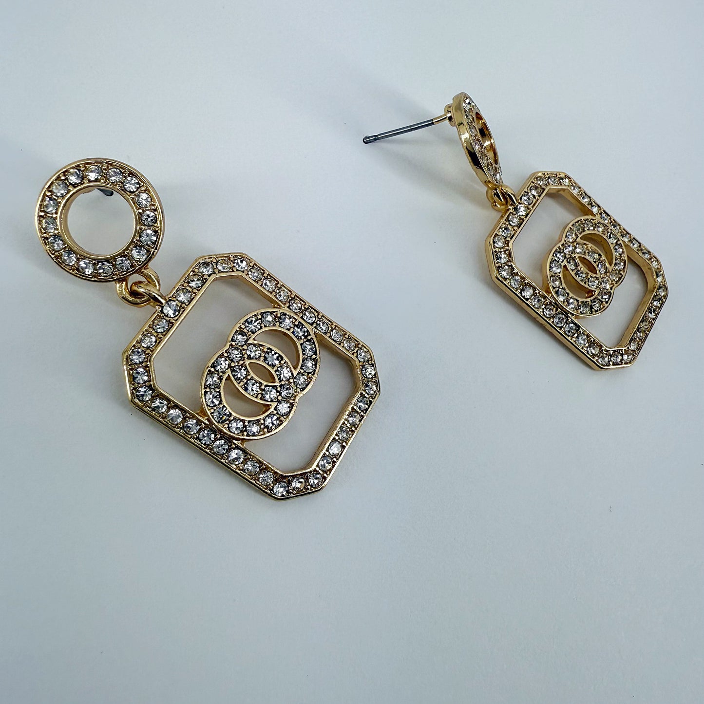 Gold Finish Earrings Double Circle Drop Dangle Rhinestone Earrings