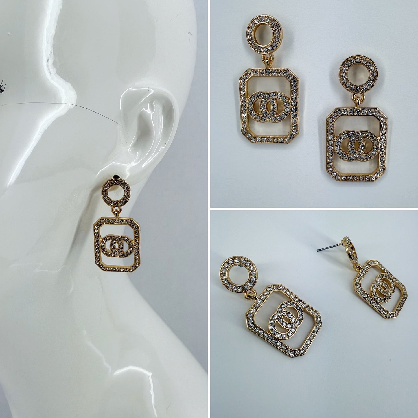 Gold Finish Earrings Double Circle Drop Dangle Rhinestone Earrings