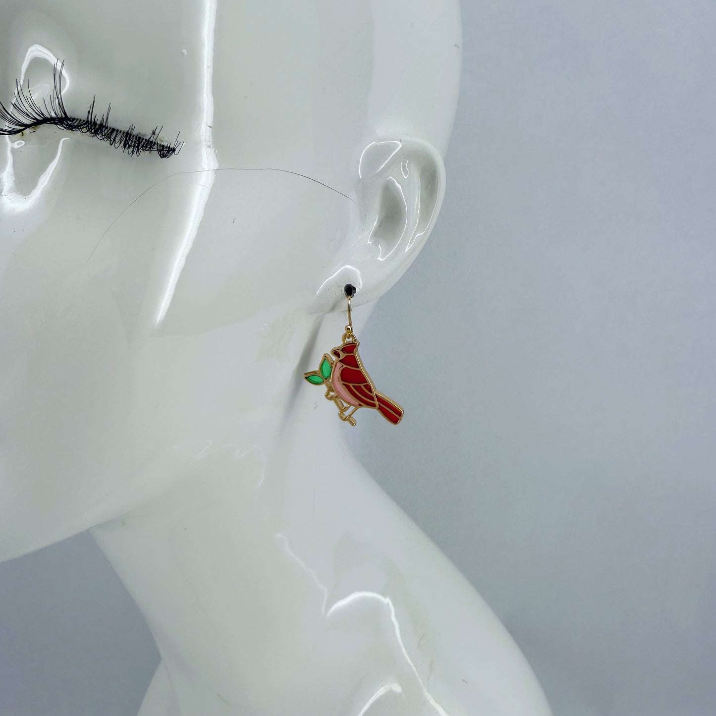 Gold finish Clear Epoxy Red Cardinal Bird Earrings