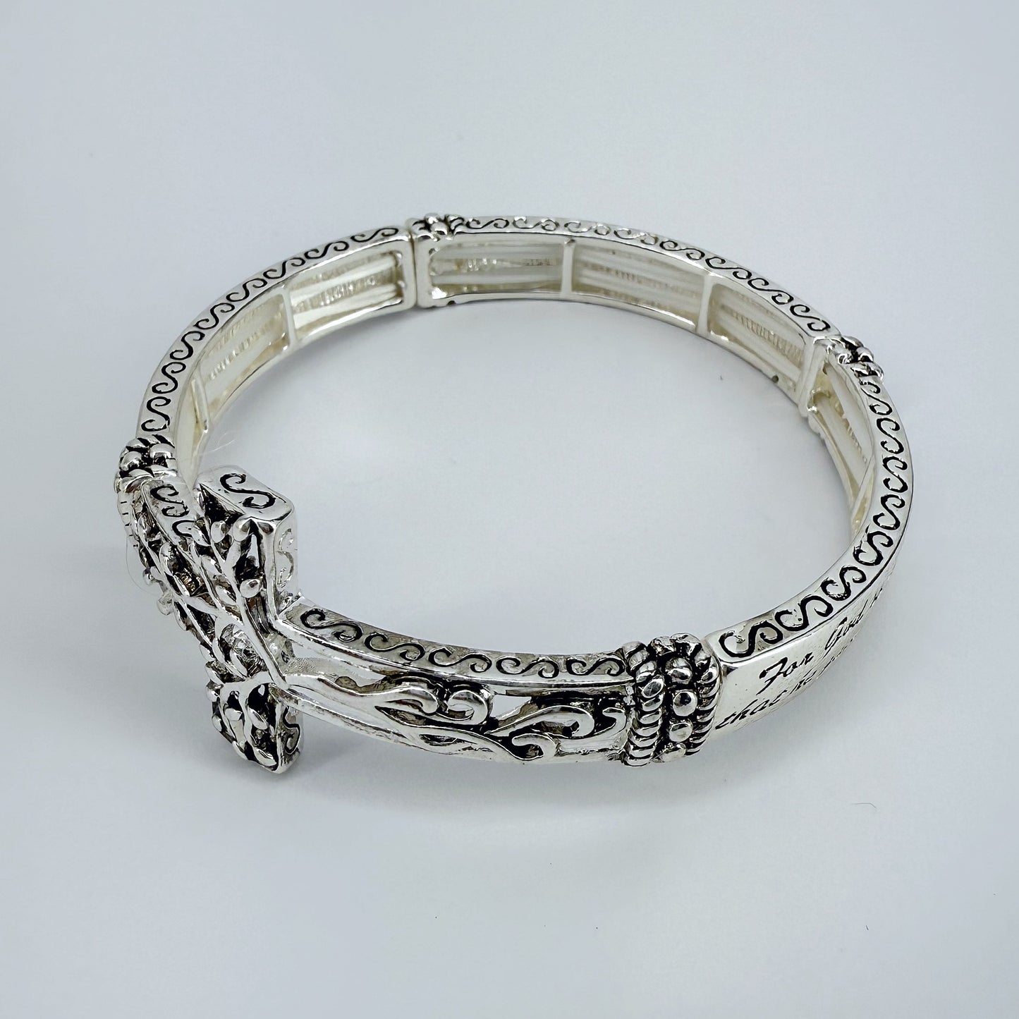 Silver Finish Stretchable Bracelet With Bible Verse 3:16 And Cross Tree Of Life Design