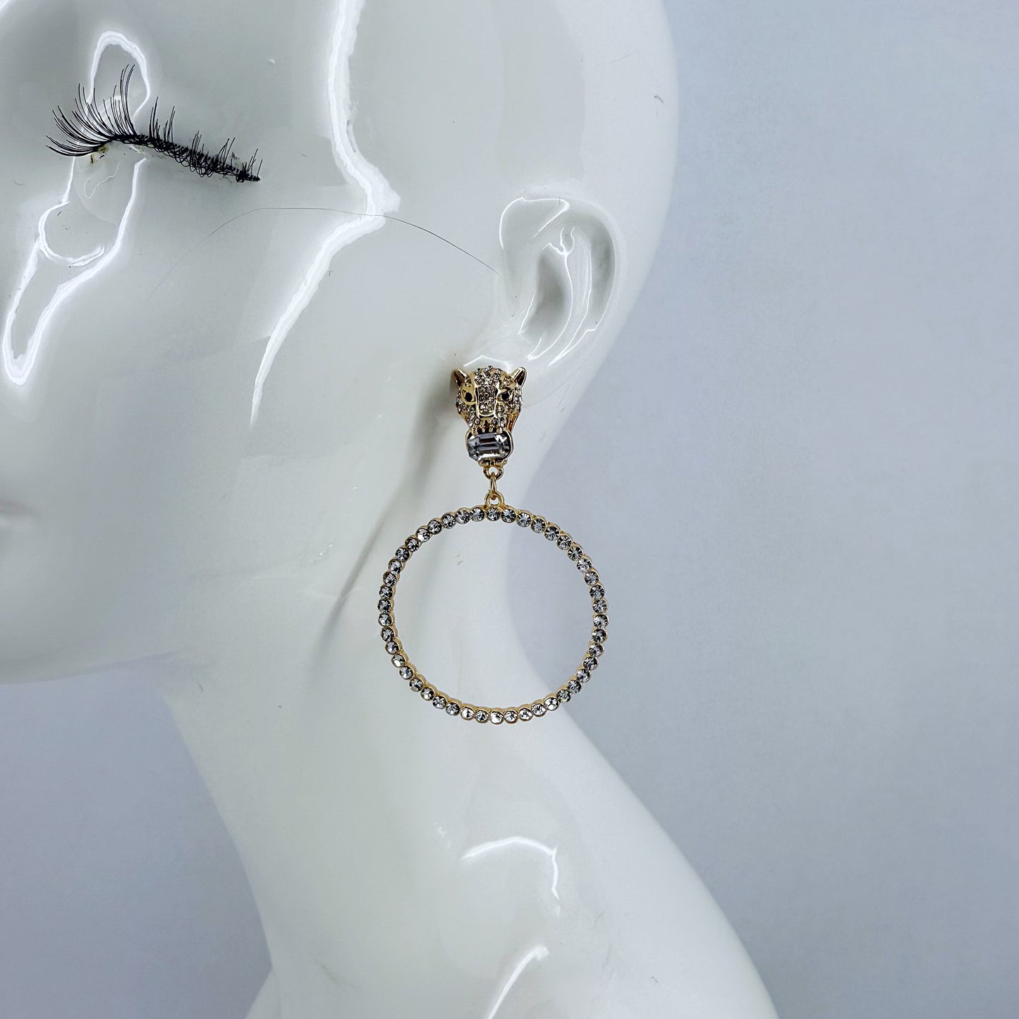 Designer Inspired Jaguar Rhinestone Round Earrings