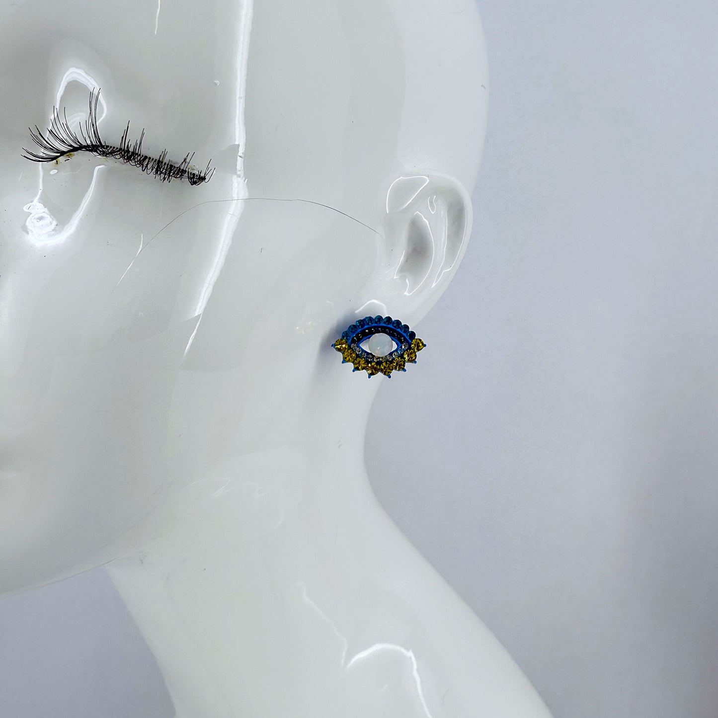 Evil Eye Yellow and Blue Rhinestones Post Back Earrings