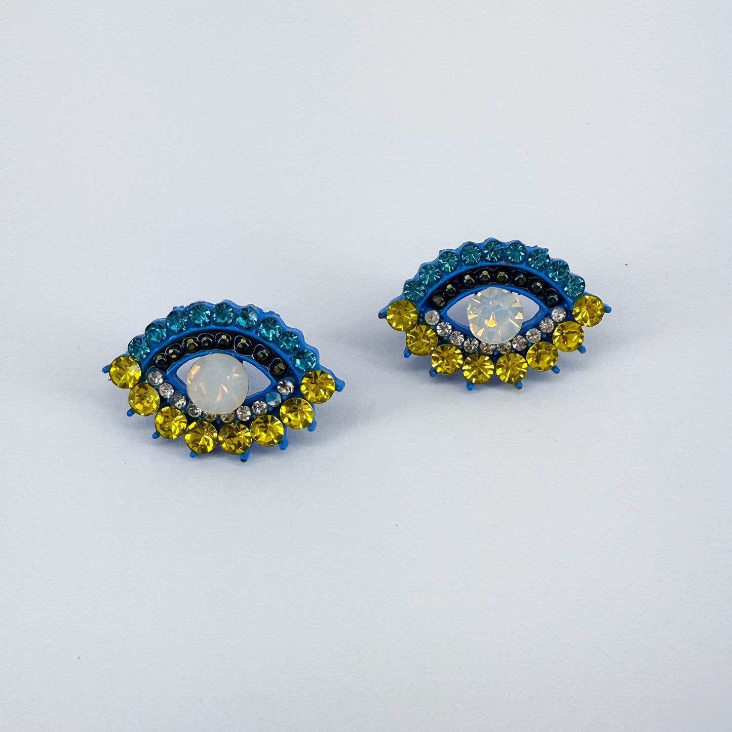 Evil Eye Yellow and Blue Rhinestones Post Back Earrings
