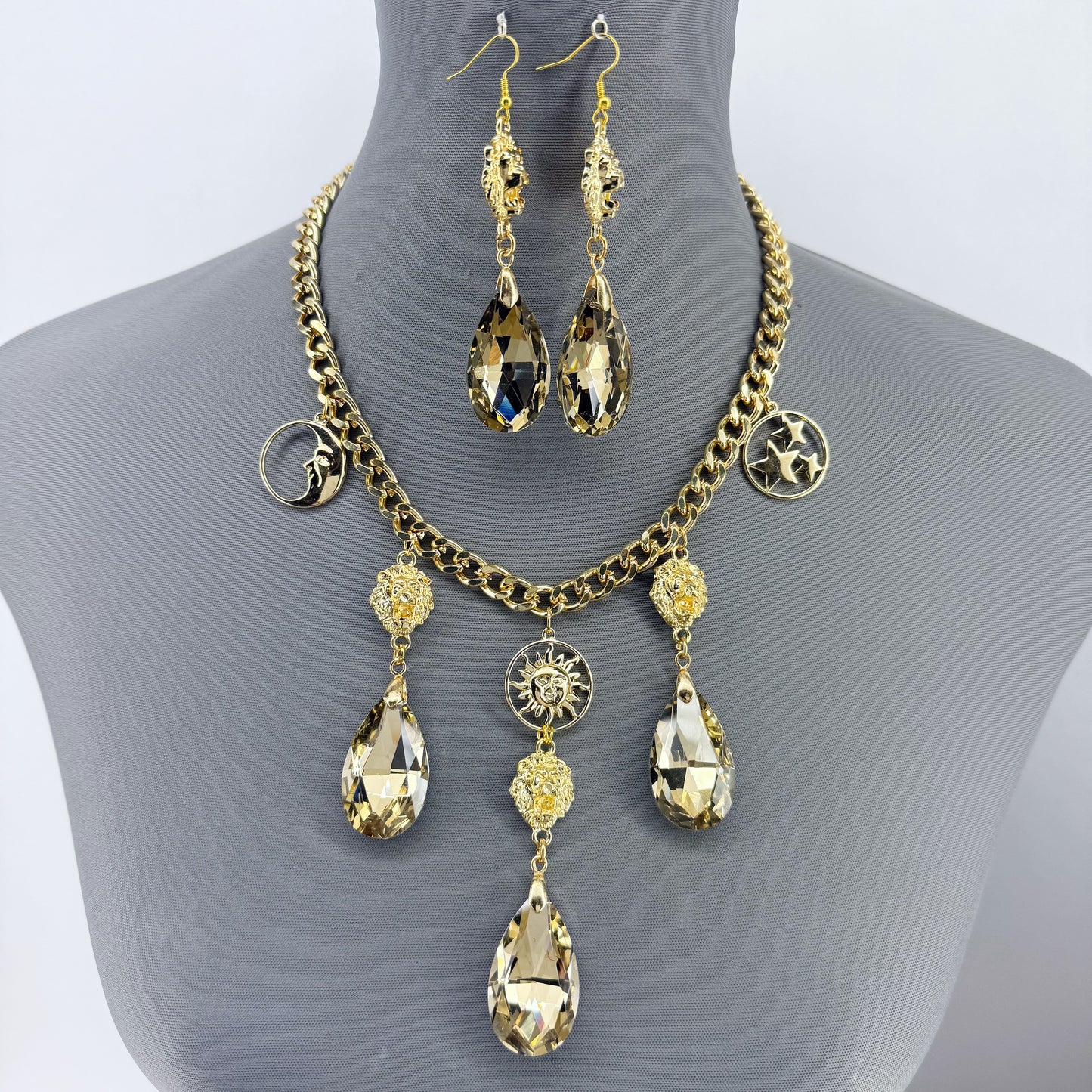 Gold Finish Cuban Link Chain Set With Lion Head And Stone Dangle Charms