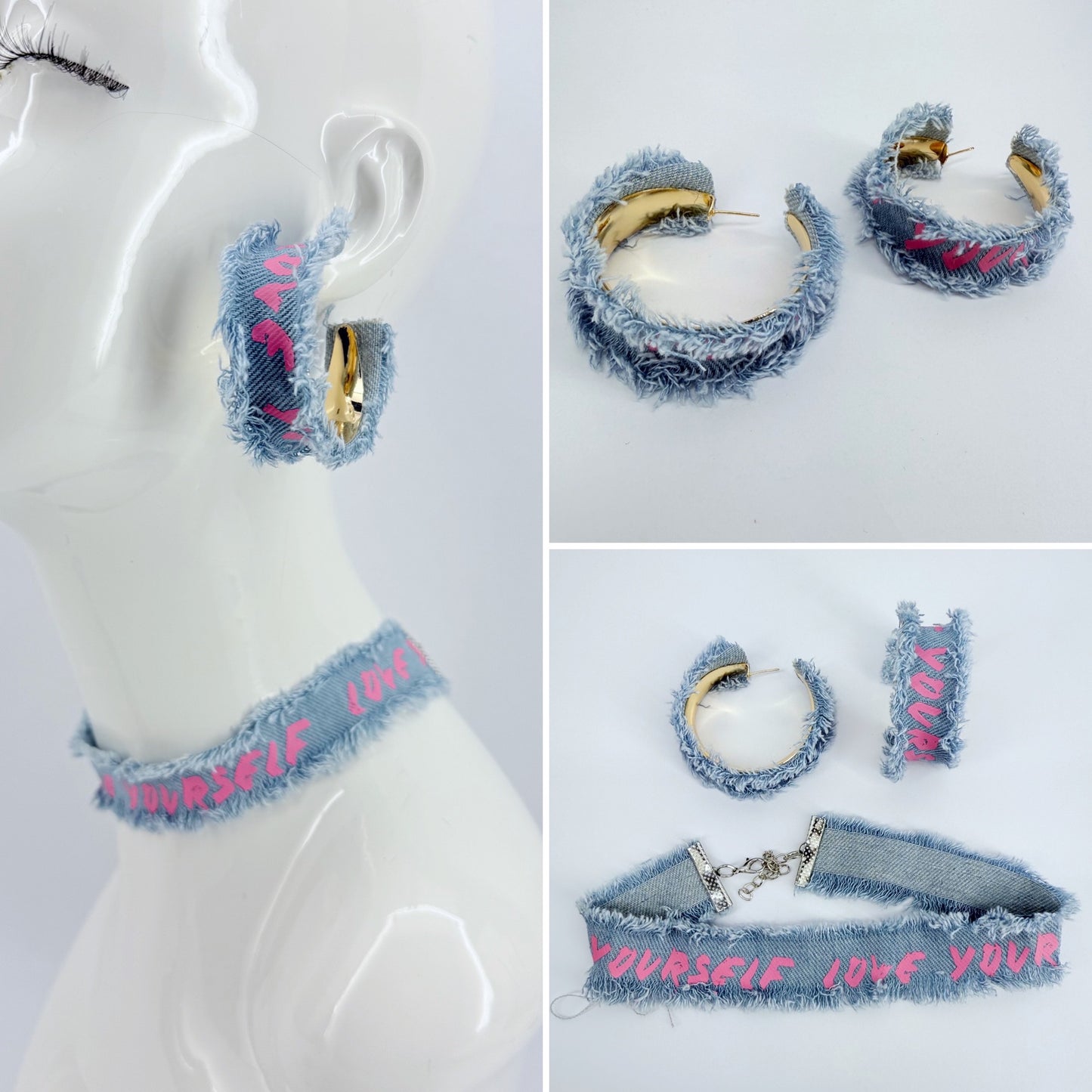 Denim Hoops and Denim Choker Set with "Love Yourself" printed in Pink