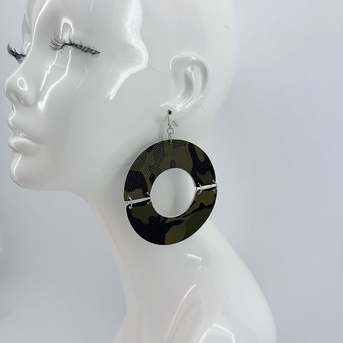 Half Cut Camouflage Color Drop Dangle Circle Silver Finish Fish Hook Earrings