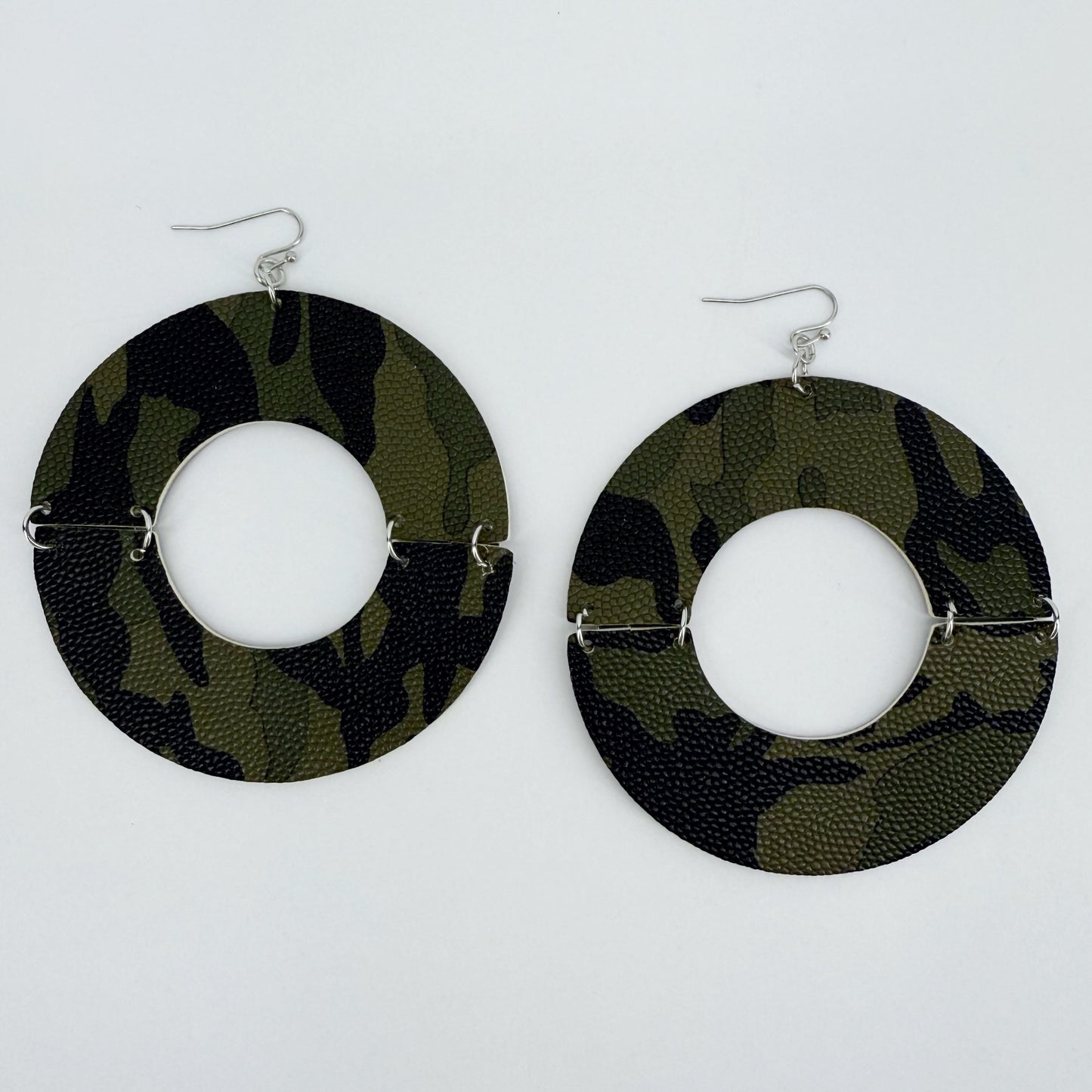Half Cut Camouflage Color Drop Dangle Circle Silver Finish Fish Hook Earrings