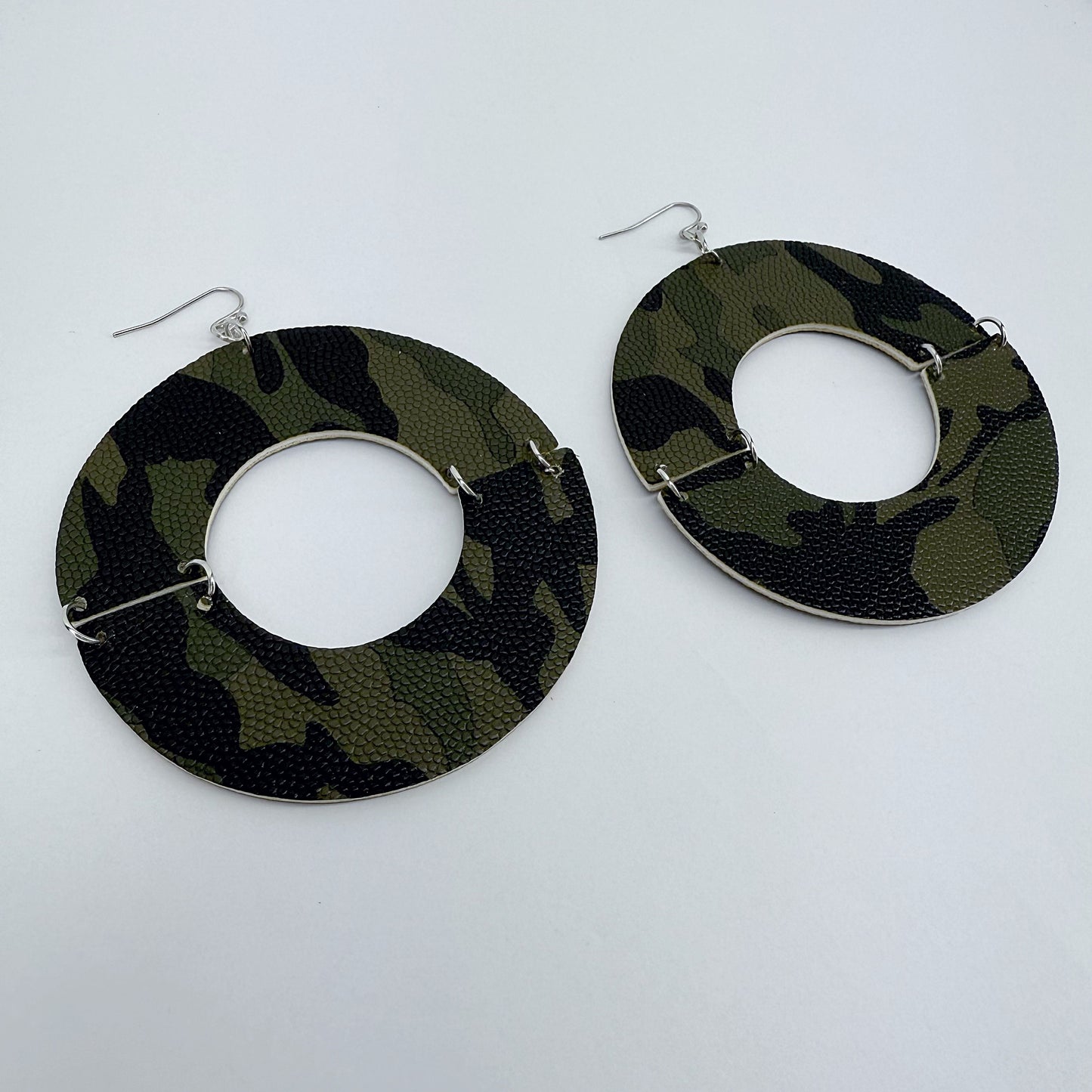 Half Cut Camouflage Color Drop Dangle Circle Silver Finish Fish Hook Earrings