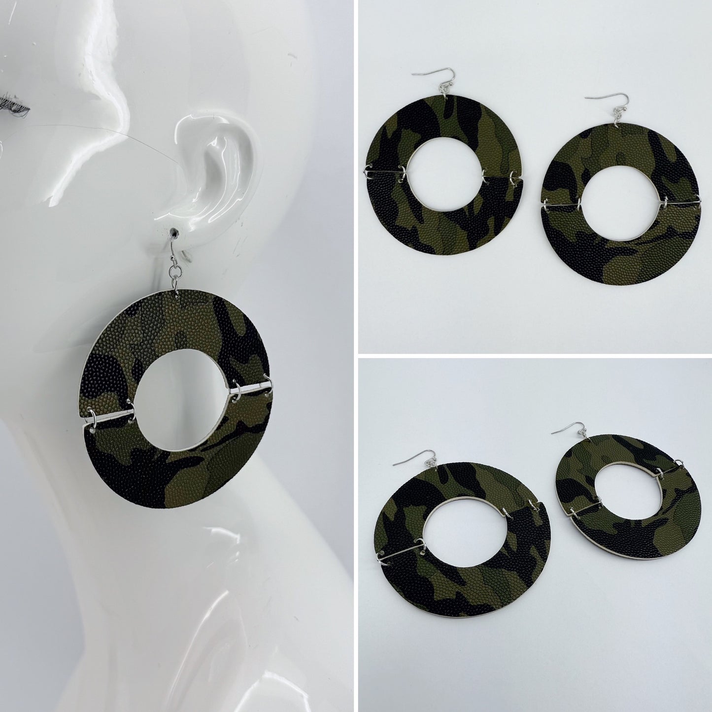 Half Cut Camouflage Color Drop Dangle Circle Silver Finish Fish Hook Earrings