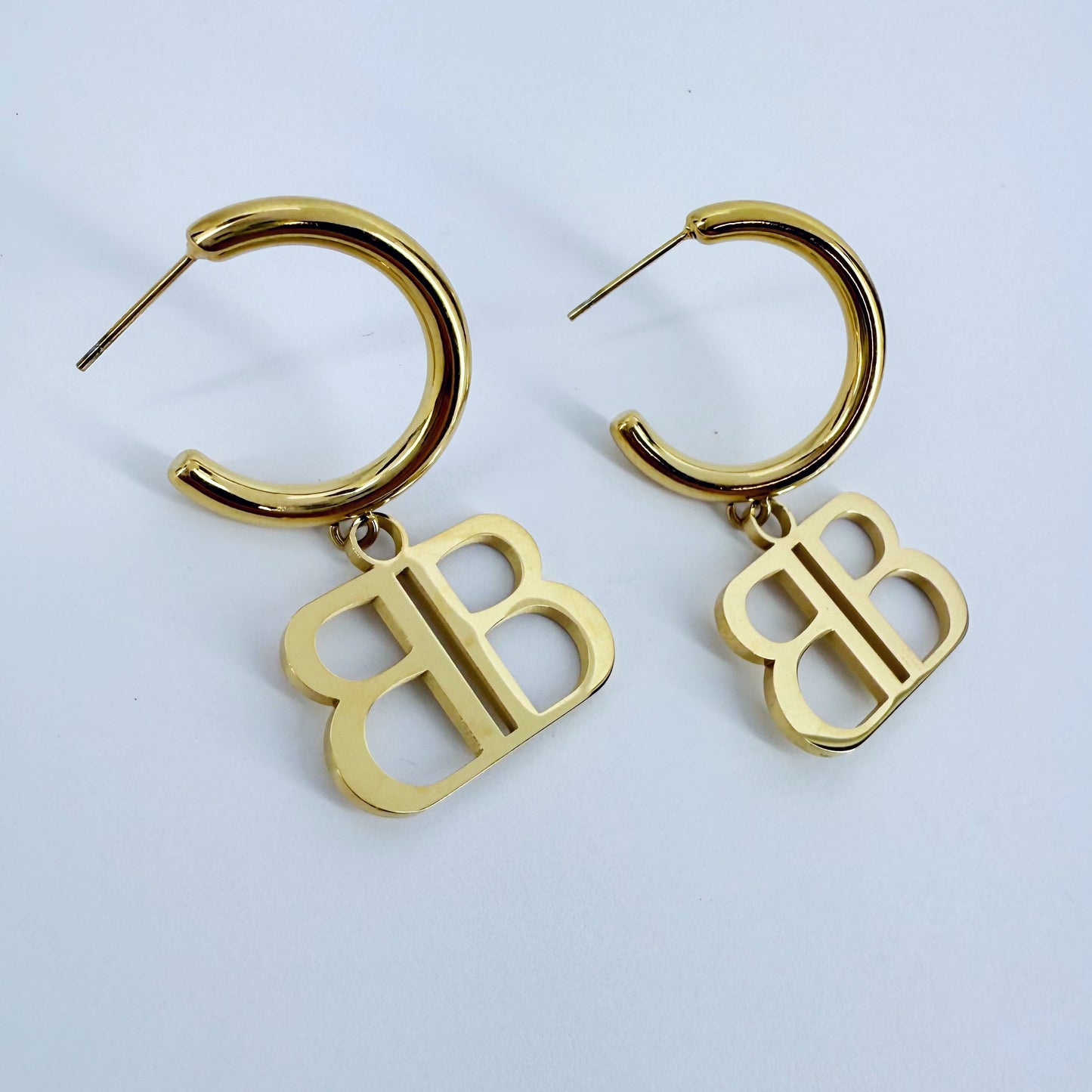 Stainless Steel Gold or Silver Finish Earrings with B Charm