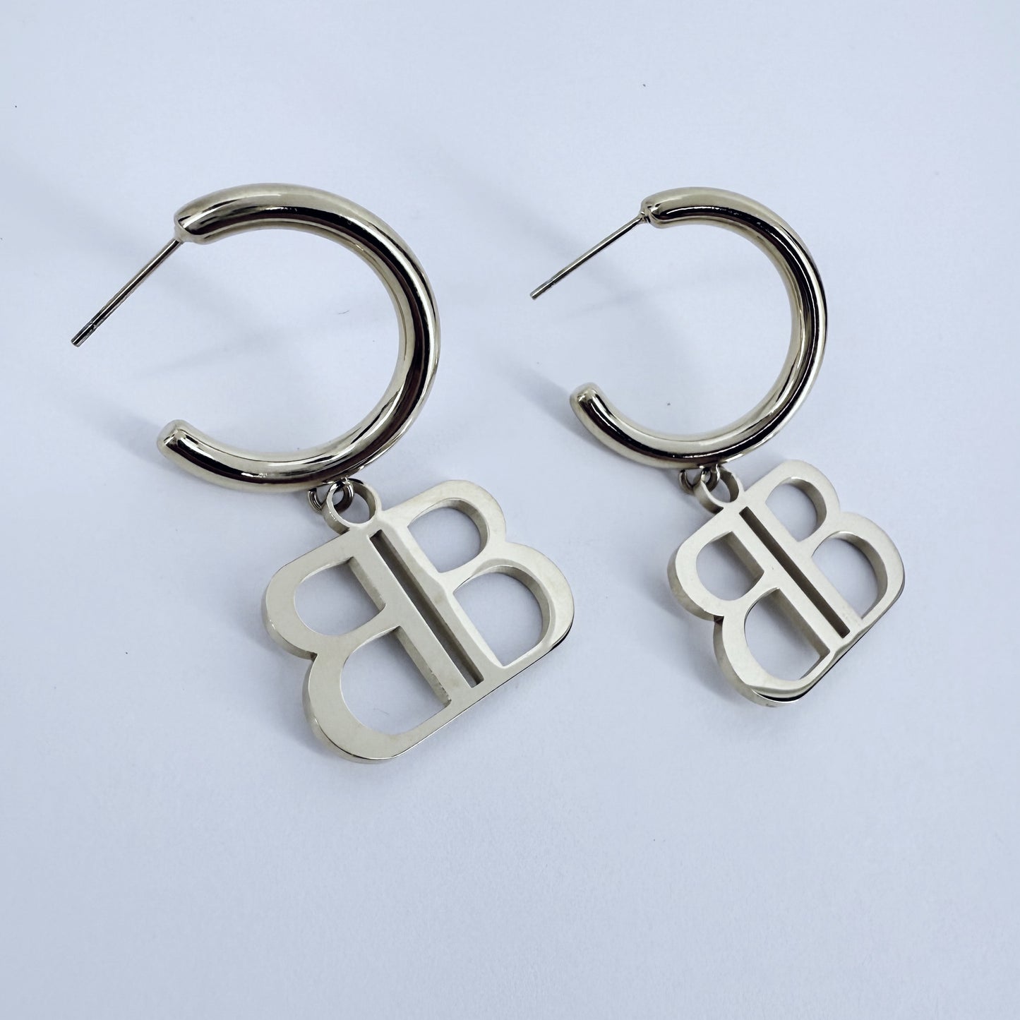 Stainless Steel Gold or Silver Finish Earrings with B Charm