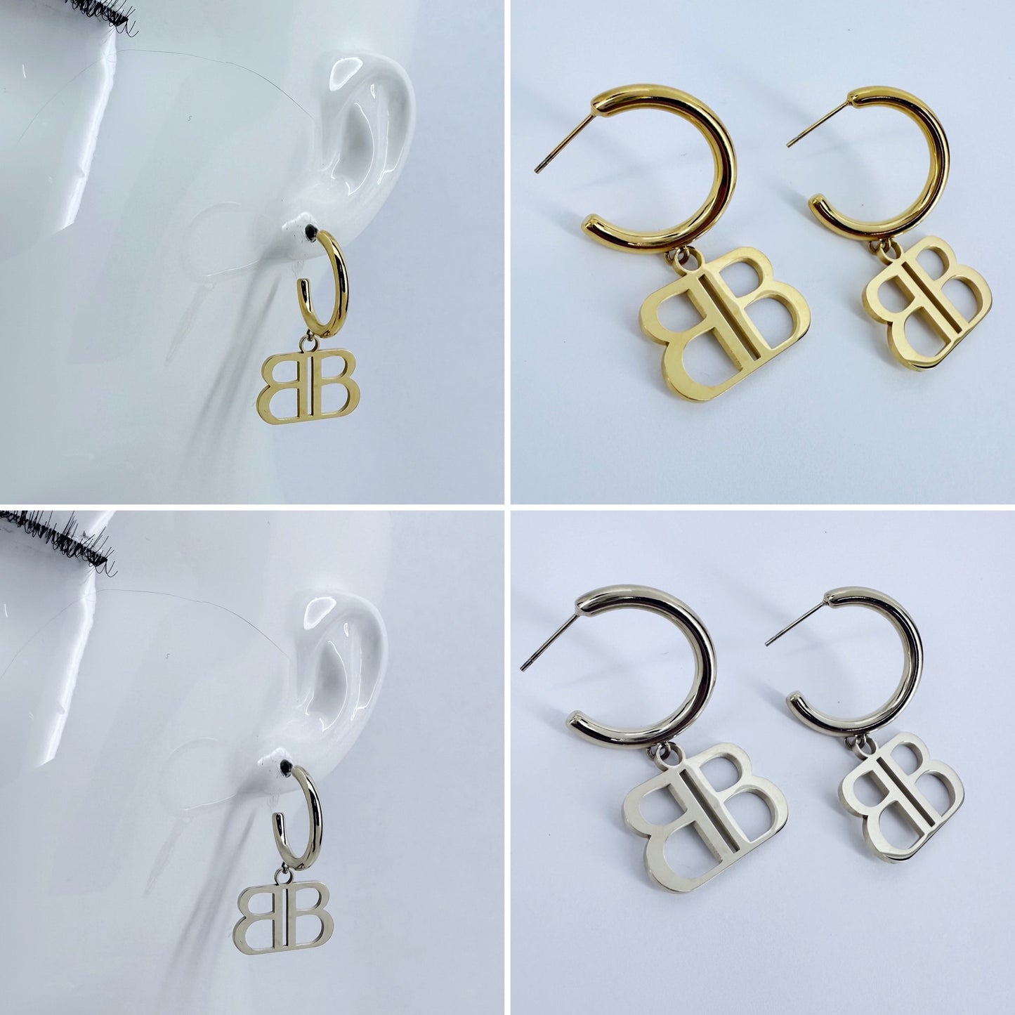 Stainless Steel Gold or Silver Finish Earrings with B Charm