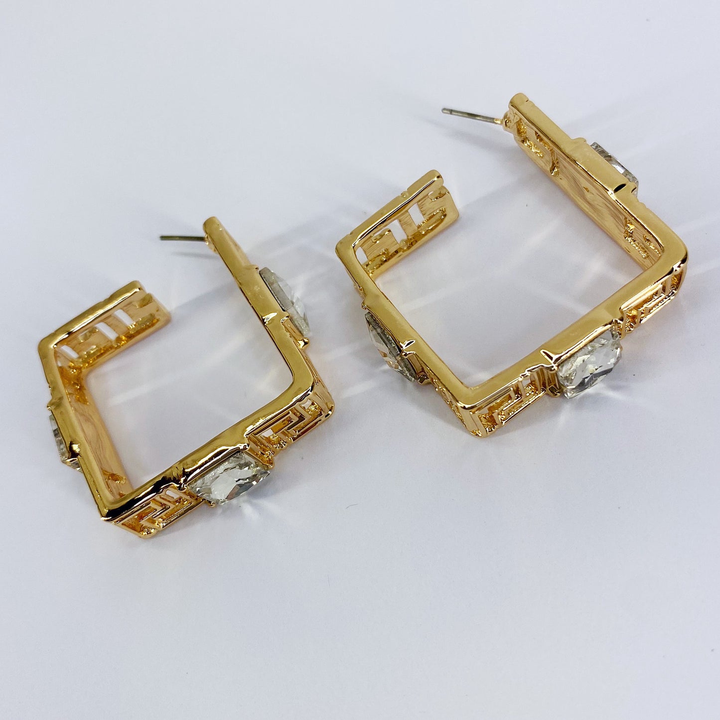 Square Greek Design Hoop with Rhinestones Earrings
