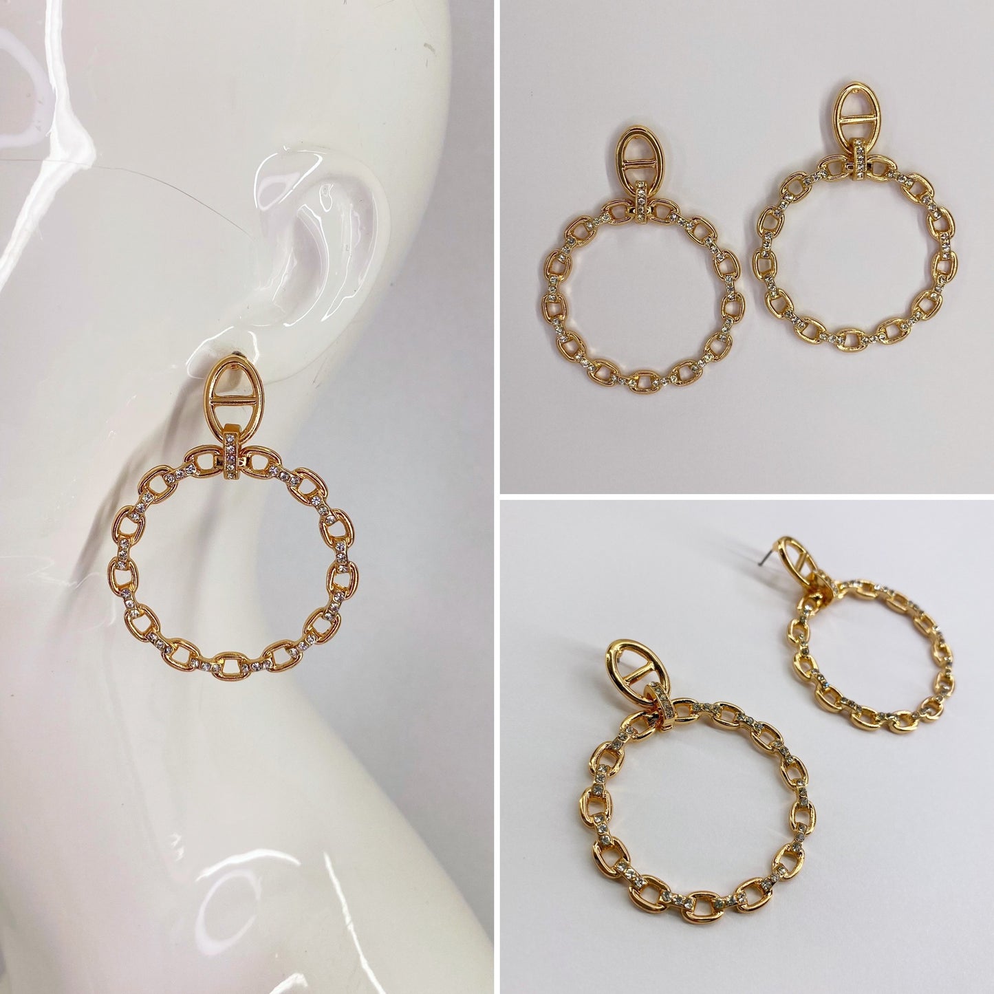 Gold Finish Linked Chain Circle Drop Earrings